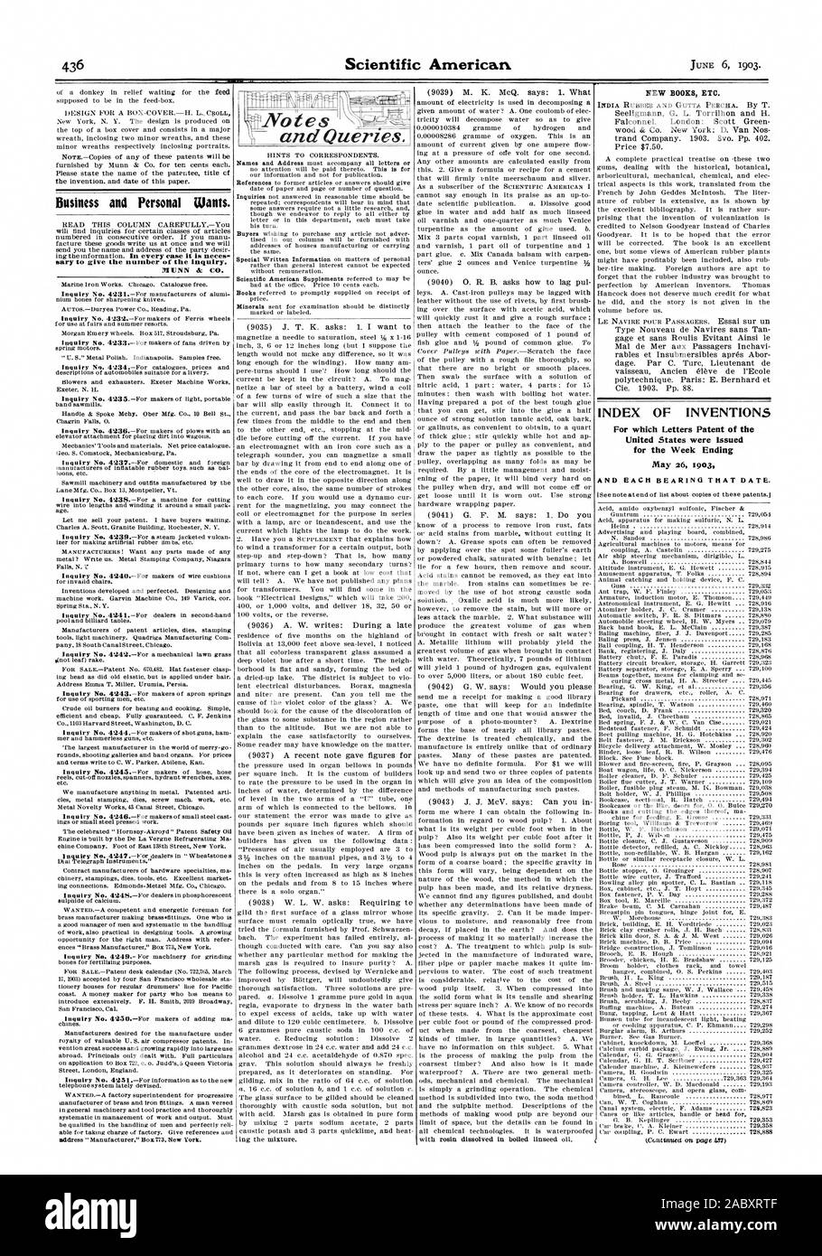 Business and Personal Wants. sary to give the number of the Inquiry. INDEX OF INVENTIONS For which Letters Patent of the United States were issued for the Week Ending May 26 1903, scientific american, 1903-06-06 Stock Photo