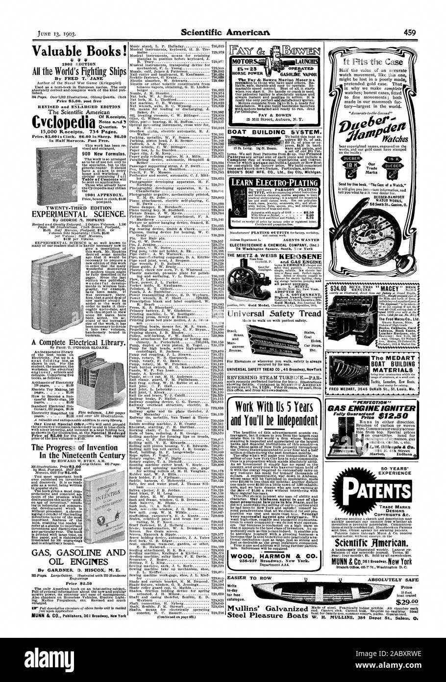 Valuable Books! 4t 1902 EDITION All the World's Fighting Ships By FRED T. JANE Price $5.00 post free REVISED and ENLARGED EDITION The Scientific American Of Receipts Queries. 15000 Receipts. 734 Pages. in Half Morocco. Post Free. 900 New Formulas. 1901 APPENDIX. TWENTY-THIRD EDITION EXPERIMENTAL SCIENCE. By GEORGE FL HOPKINS A Complete Electrical Library. GAS GASOLINE AND OIL ENGINES Price $2.50 and You'll be Independent Work With Us 5 Years WOOD HARMON & CO. 256-257 Broadway New York. The Progress of Invention In the Nineteenth Century ELECTROTECHNIC & CHEMICAL COMPANY (Inc.) UNIVERSAL SAFETY Stock Photo