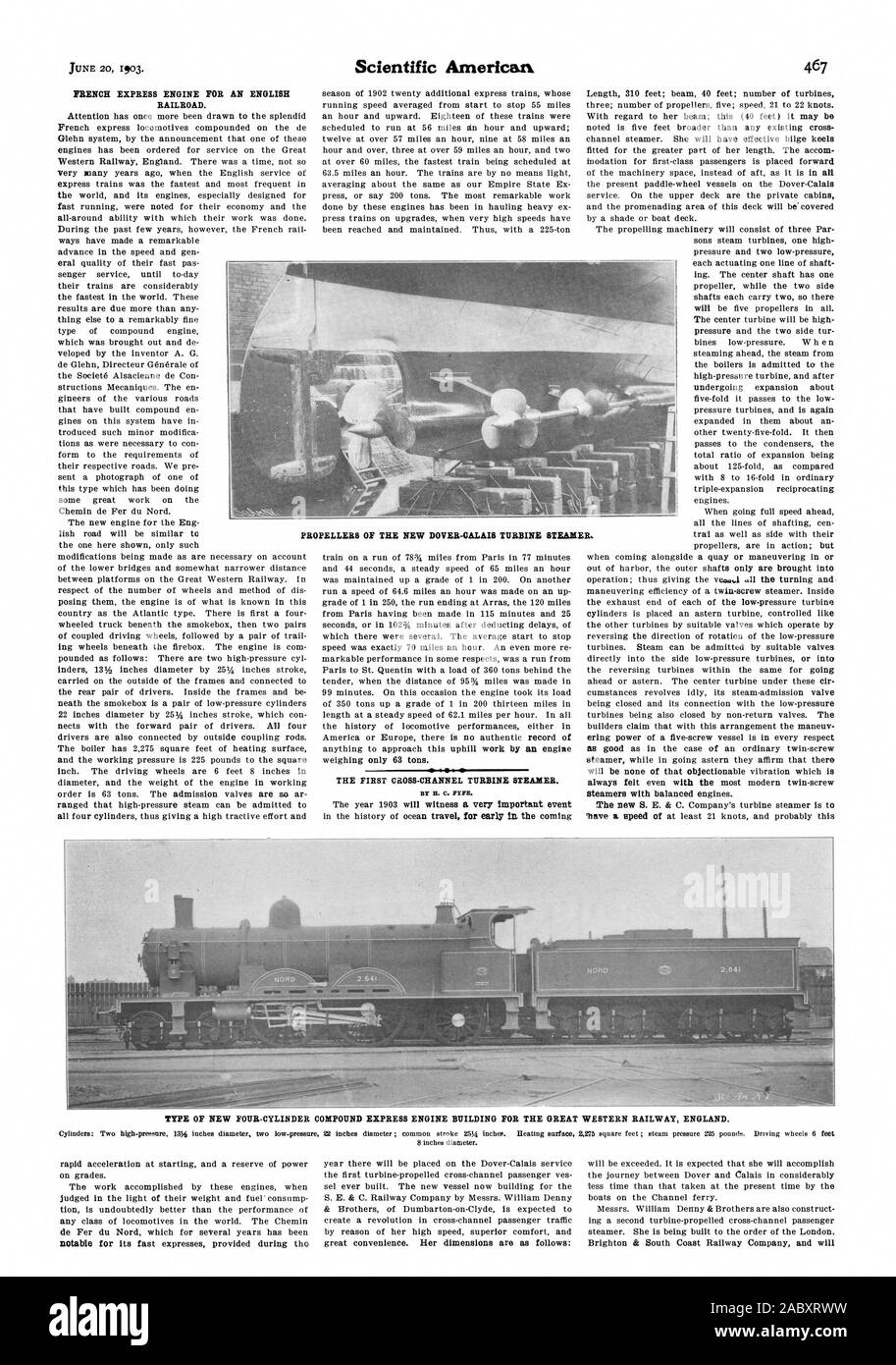 BY H. C. FYITE. Steamers with balanced engines. PROPELLERS OF THE NEW DOVER-CALAIS TURBINE STEAMER. TYPE OF NEW FOUR-CYLINDER COMPOUND EXPRESS ENGINE BUILDING FOR THE GREAT WESTERN RAILWAY ENGLAND., scientific american, 1903-06-20 Stock Photo