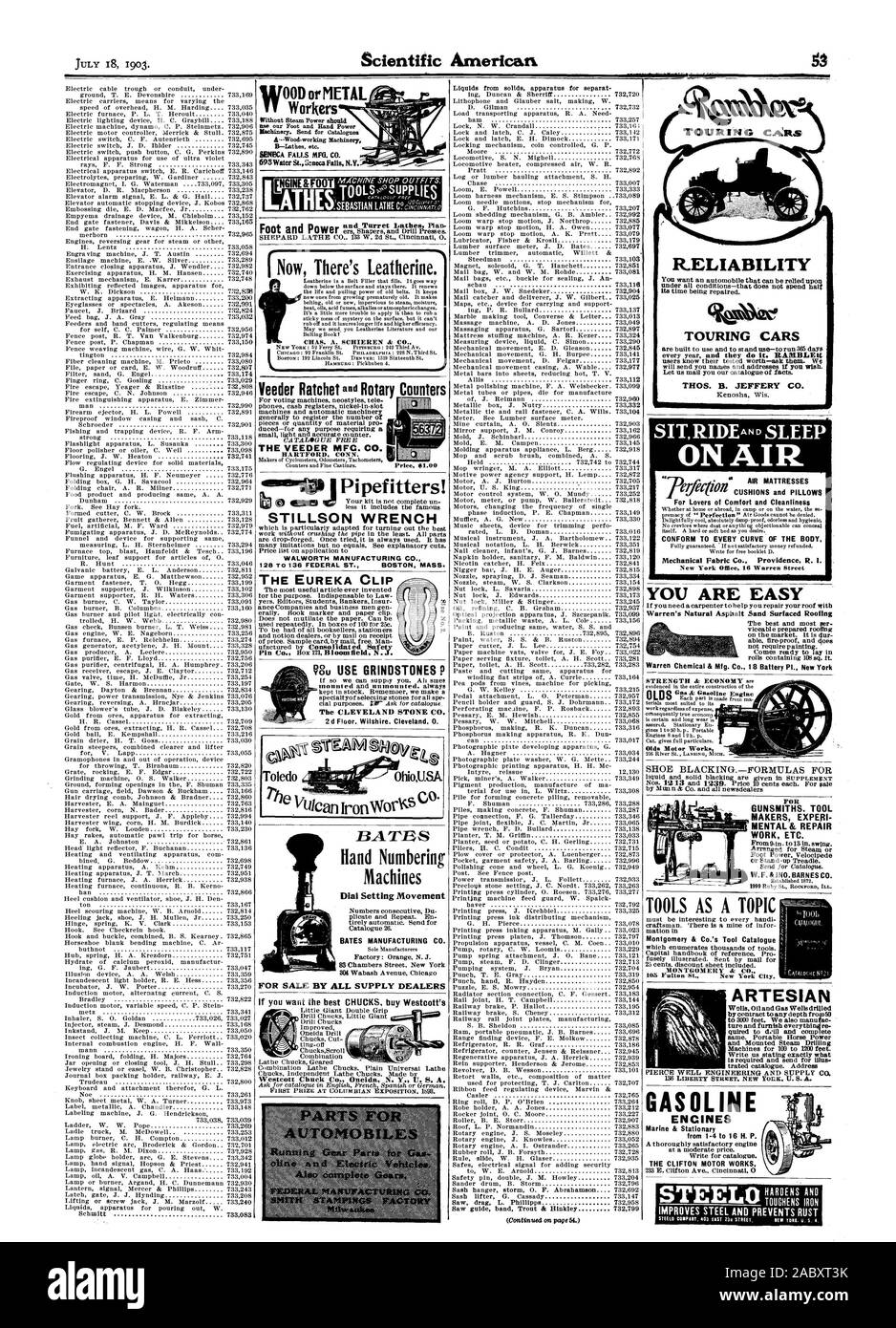 Foot Power Velocipede e Mu USE GRINDSTONES P The CLEVELAND STONE CO. 2 d Floor. Wilshire. Cleveland 0. 1 NGINE &FOOT STILLSON WRENCH WALWORTH MANUFACTURING CO. 1E EUREKA CLIP Now There's Leatherine. WOOD or METAL T Workers 695 Water St. &mem Falls N.Y. THE VEEDER MFC. CO. RELIABILITY TOURING CARS THOS. B. JEFFERY CO. ON AIR AIR MATTRESSES For Lovers of Comfort and Cleanliness CONFORM TO EVERY CURVE OF THE BODY Mechanical Fabric Co. Providence R. I. YOU ARE EASY Warren's Natural Asphalt Sand Surfaced Roofing ARTESIAN GASOLINE ENCINES Marine & Stationary THE CLIFTON MOTOR WORKS IMPROVES STEEL Stock Photo