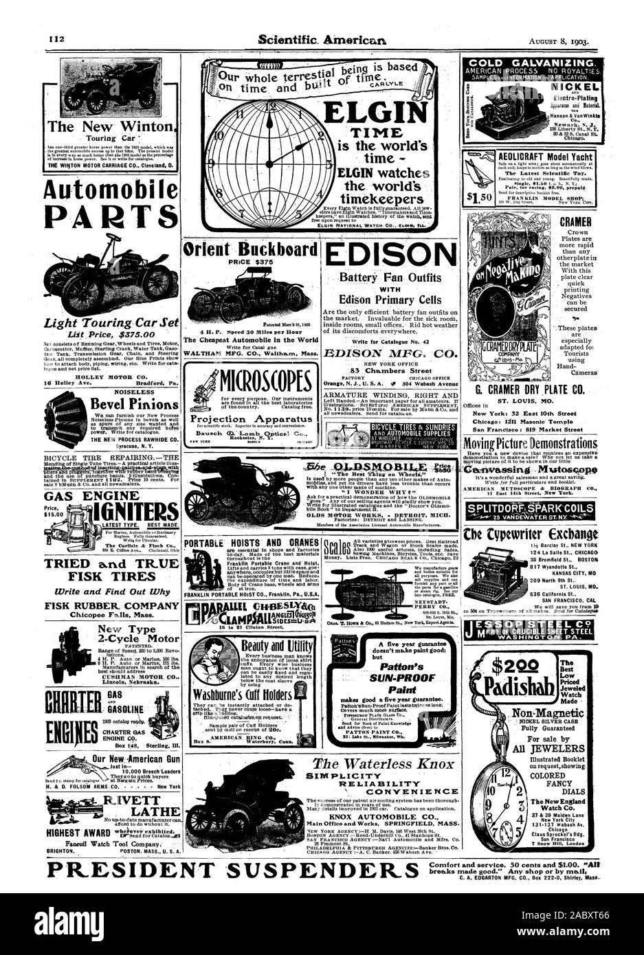 of its discomforts everywhere. EDISON MPG. CO. 83 Cha.rnbers Street ARMATURE WINDING RIGHT AND AND AUTOMOBILE SUPPLIES  OLDS MOTOR WORKS - DETROIT MICH. Sr. Loma Mo. i doesn't make paint good; but Patton's SIIN-PROOF Paint makes good a five year guarantee. PIITSHOIMIT 'PLATS GLASS 00 RELIABILITY CONVENIENCE KNOX AUTOMOBILE C Main Office and Works SPRINGFIELD MASS. PRESIDENT SUSPENDERS breaks made good.' Any shop or by mail., scientific american, 1903-08-08 Stock Photo