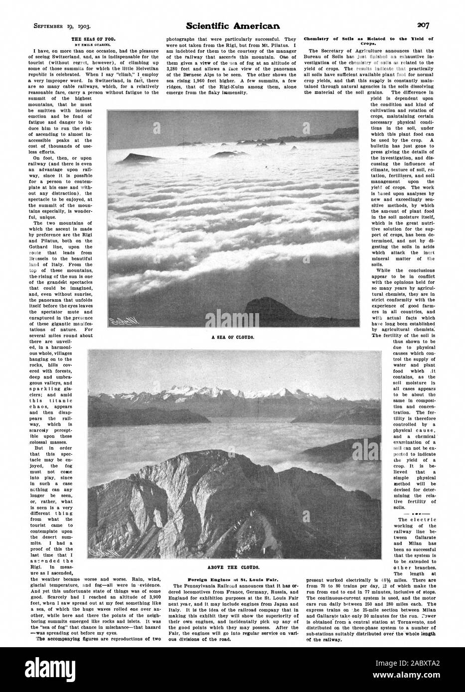 THE SEAS OF FOG. Foreign Engines at St. Louis Fair. ous divisions of the road. Chemistry of Soils as Related to the Yield of Crops. A SEA OF CLOUDS. ABOVE THE CLOUDS., scientific american, 1903-09-19 Stock Photo