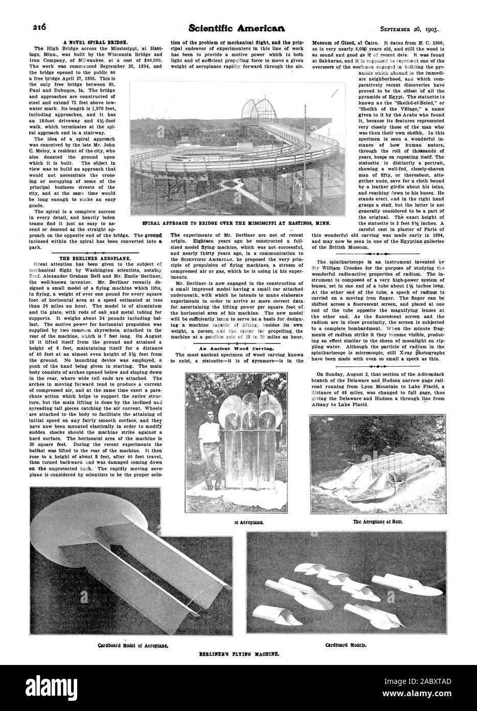 A NOVEL SPIRAL BRIDGE. THE BERLINER AEROPLANE. tion of the problem of mechanical flight and the prin  An Ancient Wood Carving. te Aeroplane. The Aeroplane at Rest. SPIRAL APPROACH TO BRIDGE OVER THE MISSISSIPPI AT HASTINGS MINN. Cardboard Model of Aeroplane. BERLINER'S PLYING MACHINE. Cardboard Models., scientific american, 1903-09-26 Stock Photo