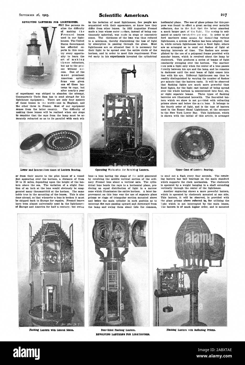 Lower and Intermediate cones of Lantern Bearing. Operating Mechanism for Revolving Lantern. Upper Cone of Lantern Bearing. Flashing Lantern with Colored Slides. flashing Lantern with Reflecting Prisms. Four-Sided Flashing Lantern. REVOLVING LANTERN8 FOR LIGHTHOUSES., scientific american, 1903-09-26 Stock Photo