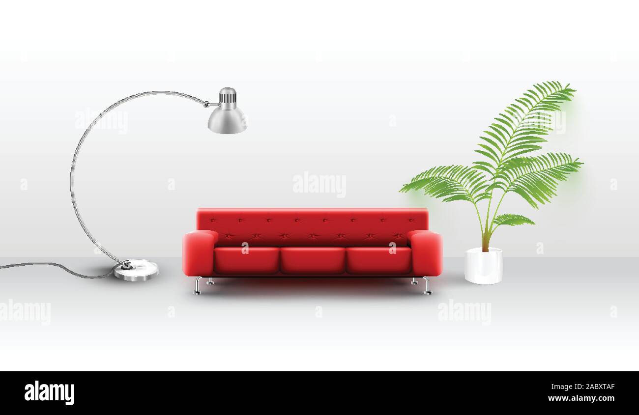 A realistic red couch in a white room, vector Stock Vector