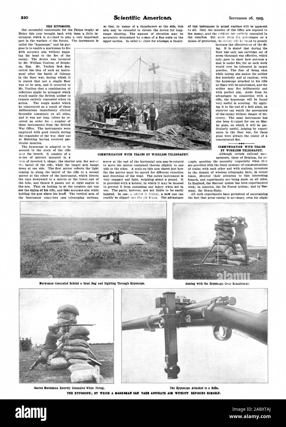 COMMUNICATION WITH TRAINS BY WIRELESS TELEGRAPHY.' is provided with a holster in which it may be incased to prevent it from sustaining any injury when not in readily be slipped into the old frame. The advantages COMMUNICATION WITH TRAINS BY WIRELESS TELEGRAPHY. Marksman Concealed Behind a Sand Bag and Sighting Through Hyposcope. Aiming with the Hyposcope Over Breastworks. TILE HYPOBCOPE ; BY WHICH A MARKSMAN CAN TAKE ACCURATE AIM WITHOUT EXPOSING HIMSELF., scientific american, 1903-09-26 Stock Photo