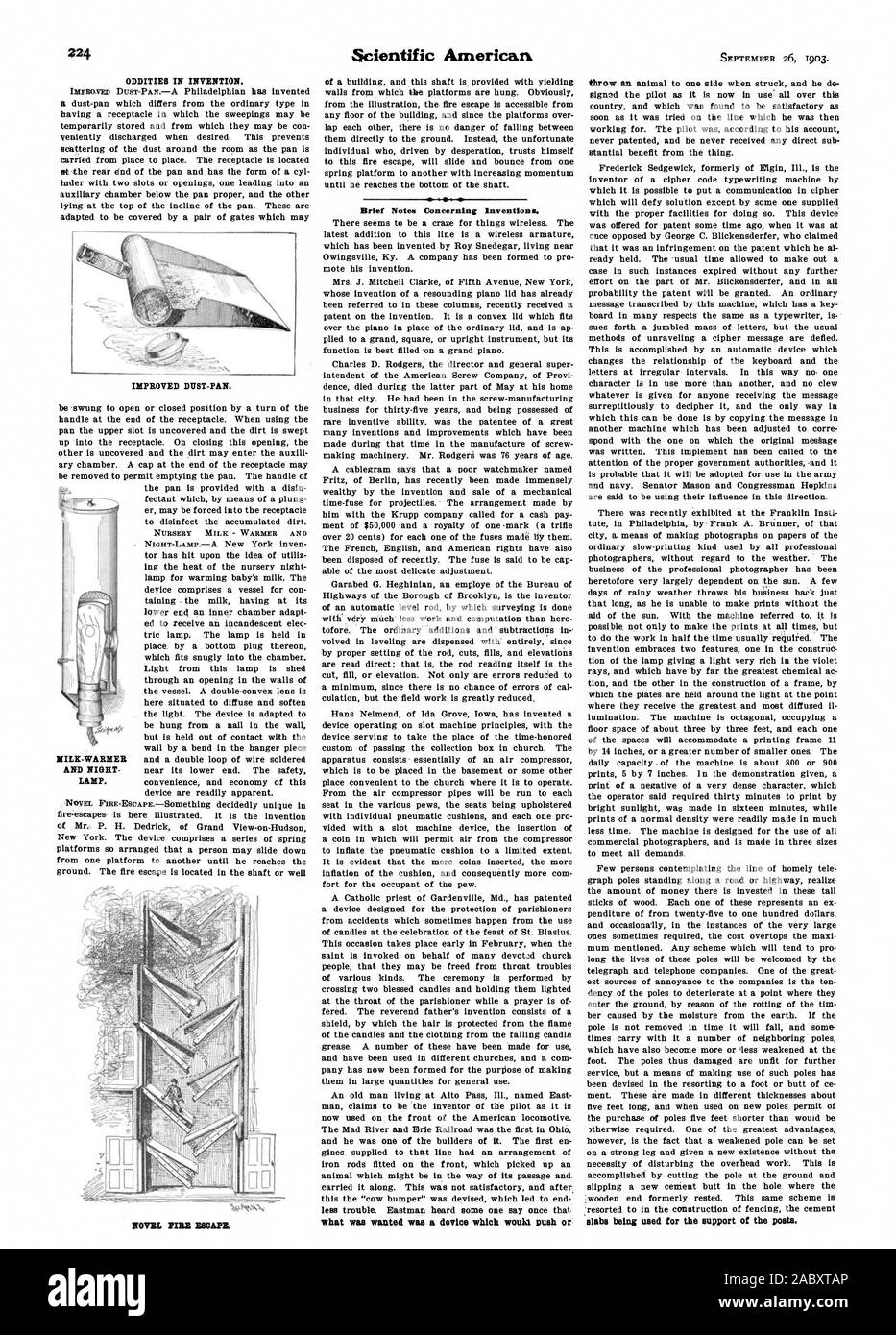 ODDITIES IN INVENTION. IMPROVED DUSTPAN. NOVEL PYRE ESCAPE. Brief Notes Concerning Invention t4