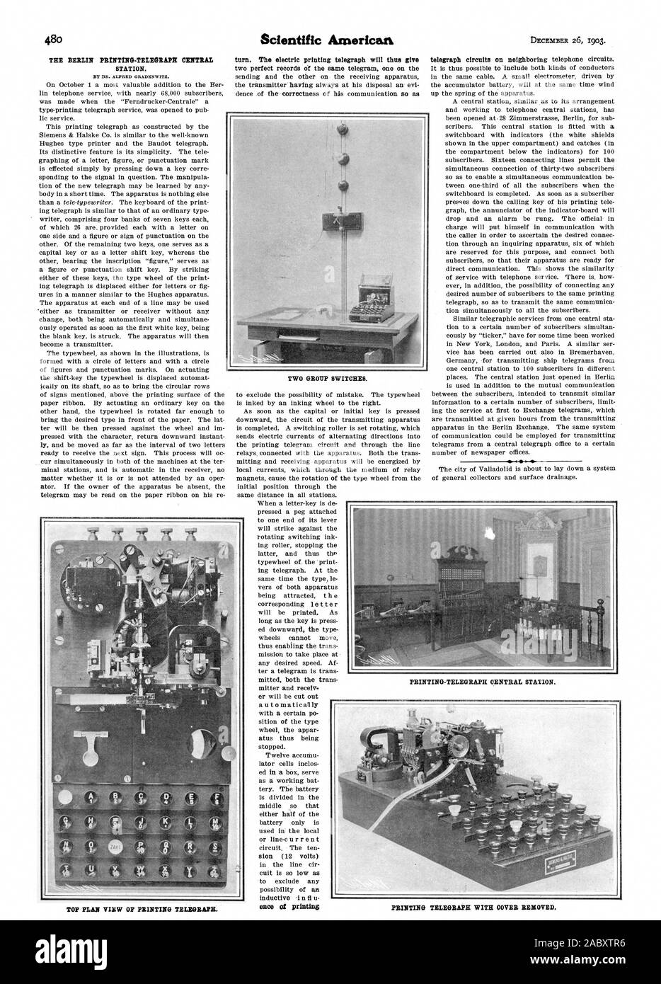 TWO GROUP SWITCHES. THE BERLIN PIUNTINO-TELEGRAPII CENTRAL STATION. turn. The electric printing telegraph will thus give ence of printing TOP PLAN VIEW OF PRINTING TELEGRAPH. PRINTING-TELEGRAPH CENTRAL STATION. PRINTING TELEGRAPH WITH COVER REMOVED., scientific american, 1903-12-26 Stock Photo