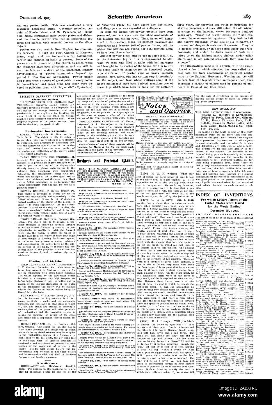 Electrical Devices. Engineering Improvements. Heating and Lighting. Miscellaneous. Business and Personal Wants. INDEX OF INVENTIONS For which Letters Patent of the United States were Issued for the Week Ending December 15 1903. 46 audit r and Queries., scientific american, 1903-12-26 Stock Photo