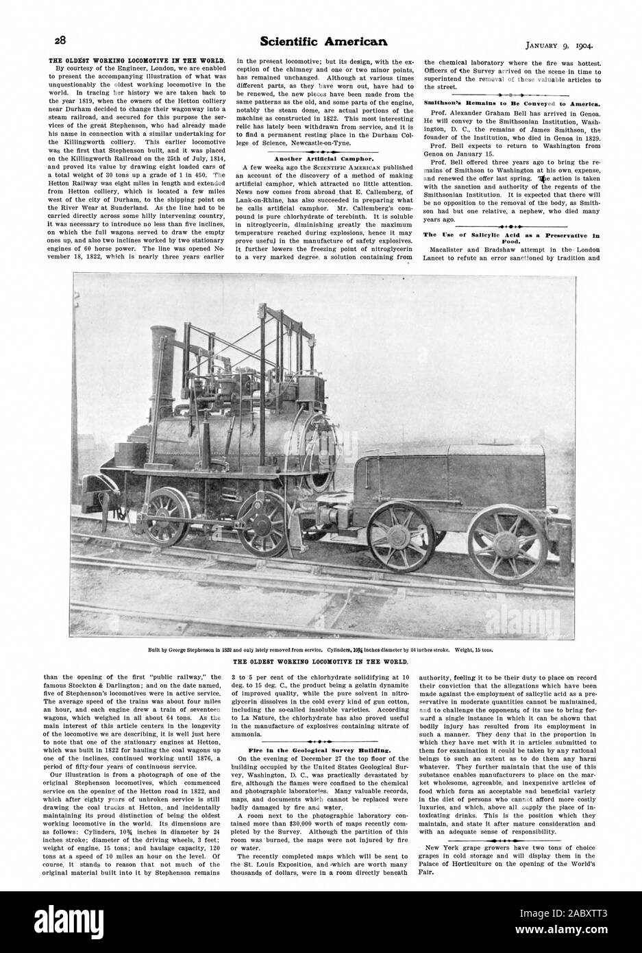 THE OLDEST WORKING LOCOMOTIVE IN THE WORLD. Another Artificial Camphor. Smithson's Remains to Be Conveyed to America. The Use of Salicylic Acid as a Preservative in Food. THE OLDEST WORKING LOCOMOTIVE IN THE WORLD. Fire in the Geological Survey Building., scientific american, 1904-01-09 Stock Photo