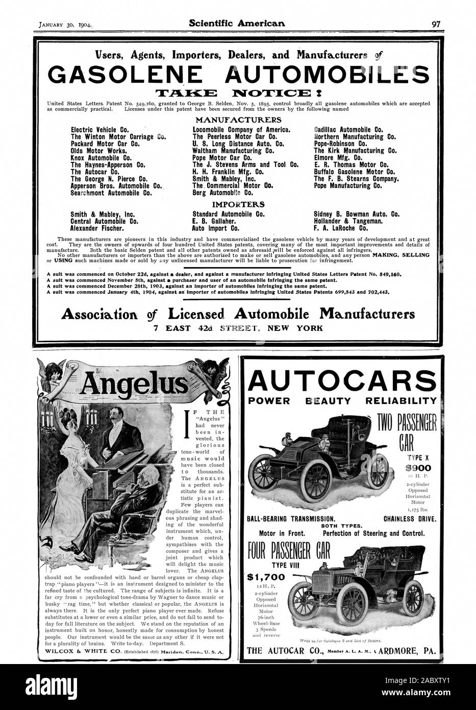 GASOLENE AUTOMOBILES Electric Vehicle Co. The Winton Motor Carriage Co. Packard Motor Car Co. Olds Motor Works. Knox Automobile Co. The Haynes-Apperson Co. The Autocar Co. The George N. Pierce Co. Apperson Bros. Automobile Co. Searchmont Automobile Co. Smith & Mabley Inc. Central Automobile Co. Alexander Fischer. MANUFACTURERS Locomobile Company of America. The Peerless Motor Car Co. U. S. Long Distance Auto. Co. Waltham Manufacturing Co. Pope Motor Car Co. The J. Stevens Arms and Tool H. H. Franklin Mfg. Co. Smith & Mabley Inc. The Commercial Motor Co. Berg Automobile Co. IMPORTERS Standard Stock Photo