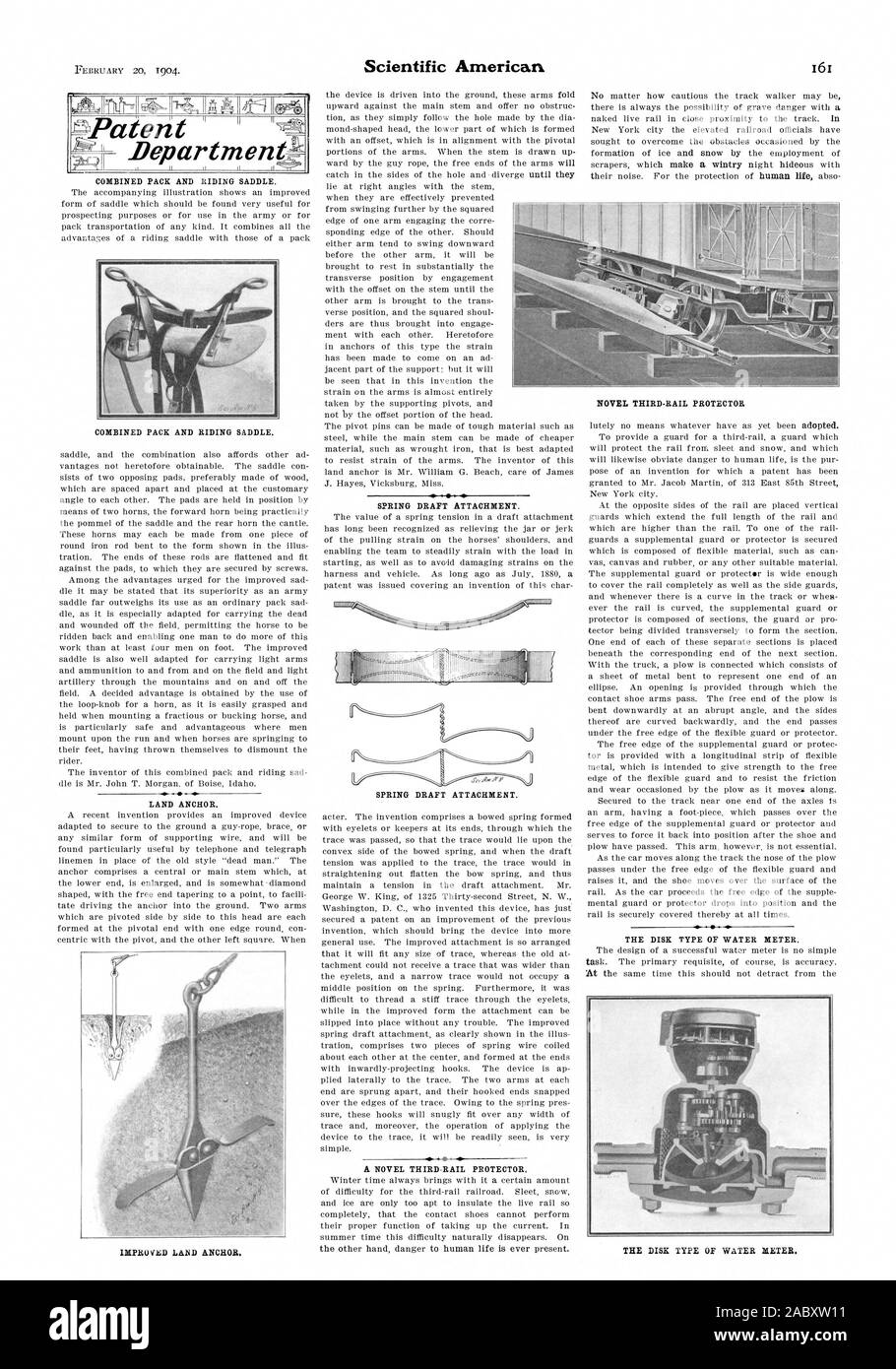 LAND ANCHOR. SPRING DRAFT ATTACHMENT. A NOVEL THIRD-RAIL PROTECTOR. THE DISK TYPE OF WATER METER. THE DISK TYPE OF WATER DIETER. Patent, scientific american, 1904-02-20 Stock Photo