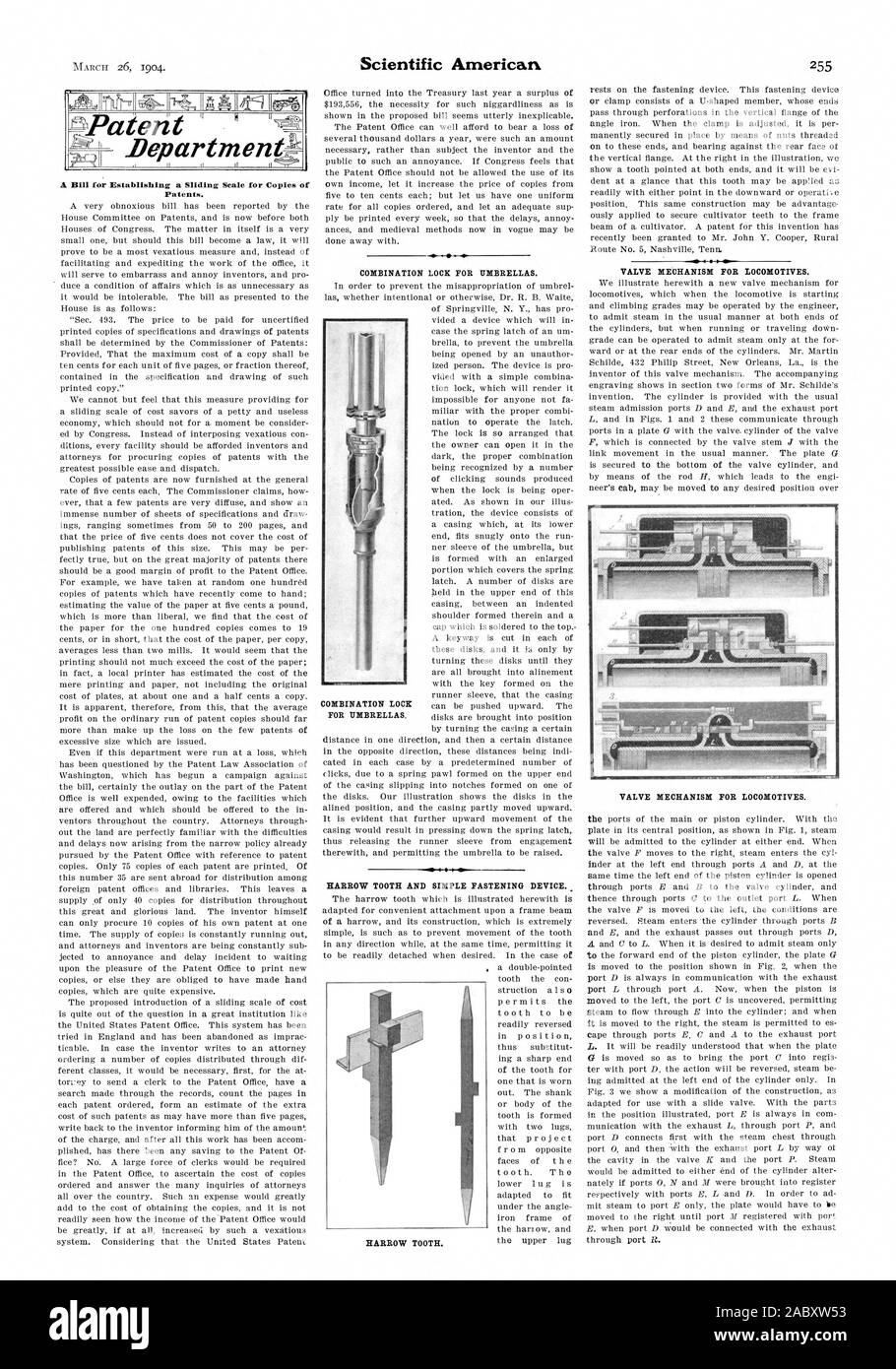 Patent A Bill for Establishing a Sliding Scale for Copies of Patents. COMBINATION LOCK FOR UMBRELLAS. HARROW TOOTH AND SIMPLE FASTENING DEVICE ID  VALVE BIEUHANISII FOR LOCOMOTIVES., scientific american, 1904-03-26 Stock Photo