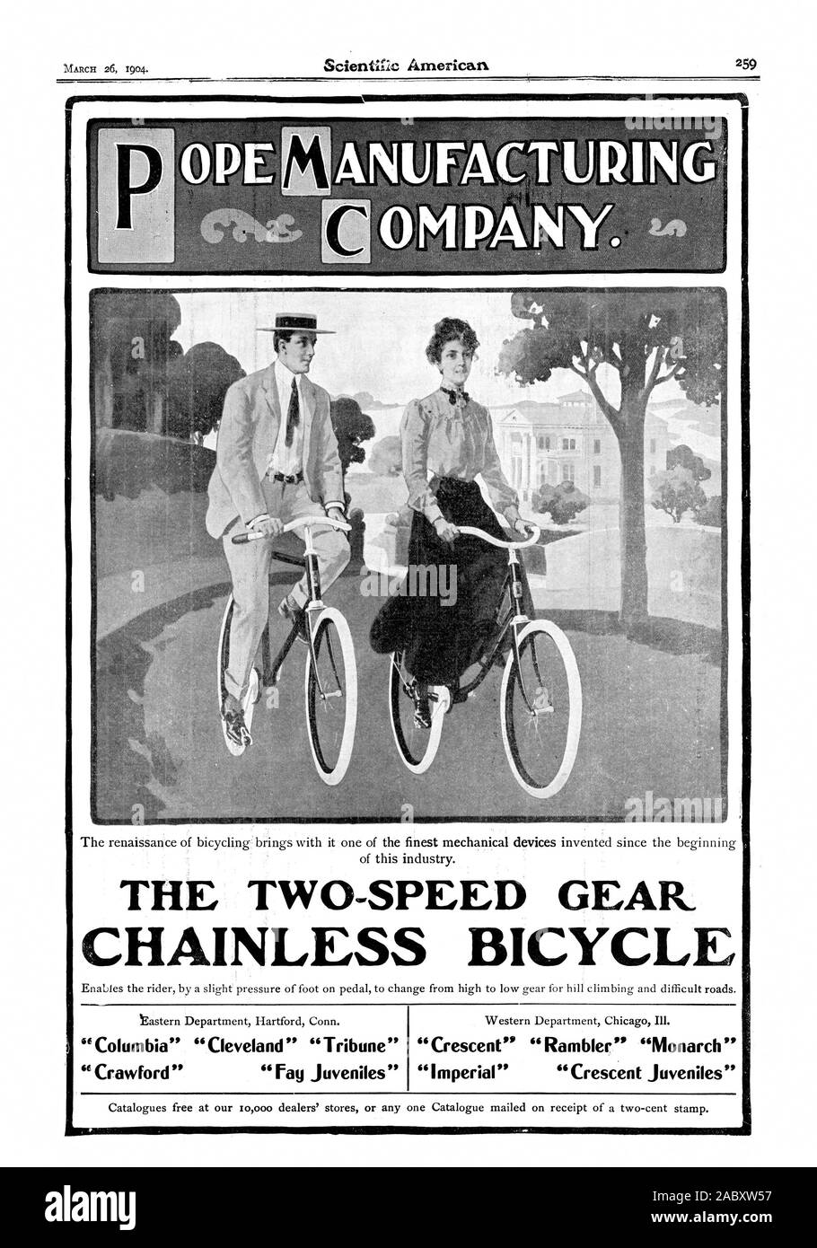 CHAINLESS BICYCLE 'Columbia' 'Cleveland' 'Tribune' 'Crawford' 'Fay Juveniles' 'Crescent' 'Rambler' 'Monarch' 'Imperial' 'Crescent Juveniles, scientific american, 1904-03-26 Stock Photo