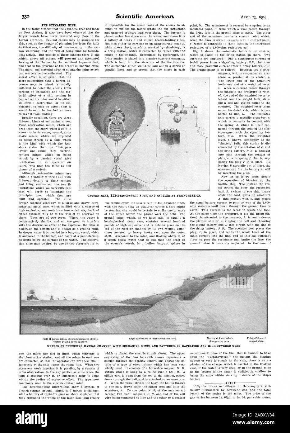 THE SUBMARINE MINE. METHOD OF DEFENDING HARBOR CHANNEL WITH SUBMARINE MINES AND BATTERIES OF RAPID-FIRE AND HIGH-POWERED GUNS., scientific american, 1904-04-23 Stock Photo