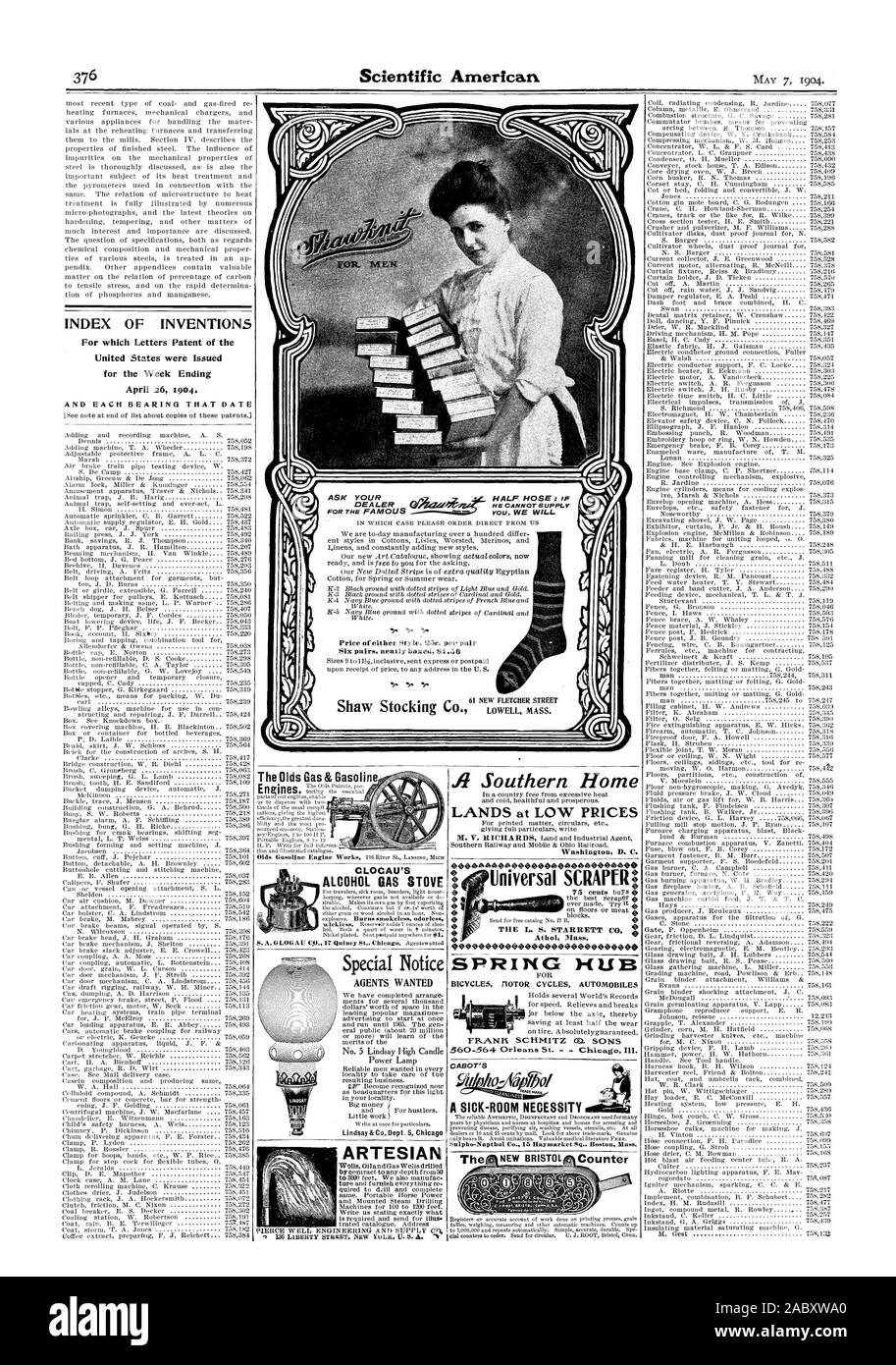 Price of either Style 25c. per pair Six pairs neatly boxed $1.50 INDEX OF INVENTIONS For which Letters Patent of the United States were Issued for the Week Ending AND EACH BEARING THAT DATE The Olds Gas & Gasoline Engines. CLOCAU'S ALCOHOL GAS STOVE ARTESIAN Washington . C. 40.4.404.000.004.004600.4400  Universal SCRAPER:  0 SPRING HUB FOR BICYCLES MOTOR CYCLES AUTOMOBILES CABOT'S A SICK-ROOM NECESSITY, scientific american, 1904-05-07 Stock Photo