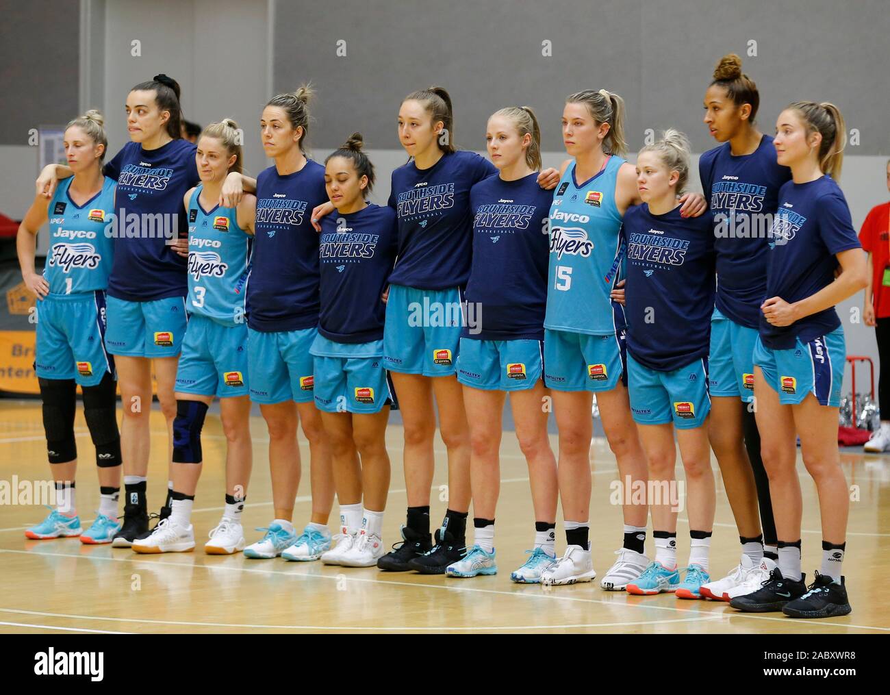 Perth, Australia. 29th November 2019; Bendat Basketball Centre, Perth,  Western Australia, Australia; Womens National Basketball League Australia,  Perth Lynx versus Southside Flyers; Southside Flyers players line up for  the National Anthem -