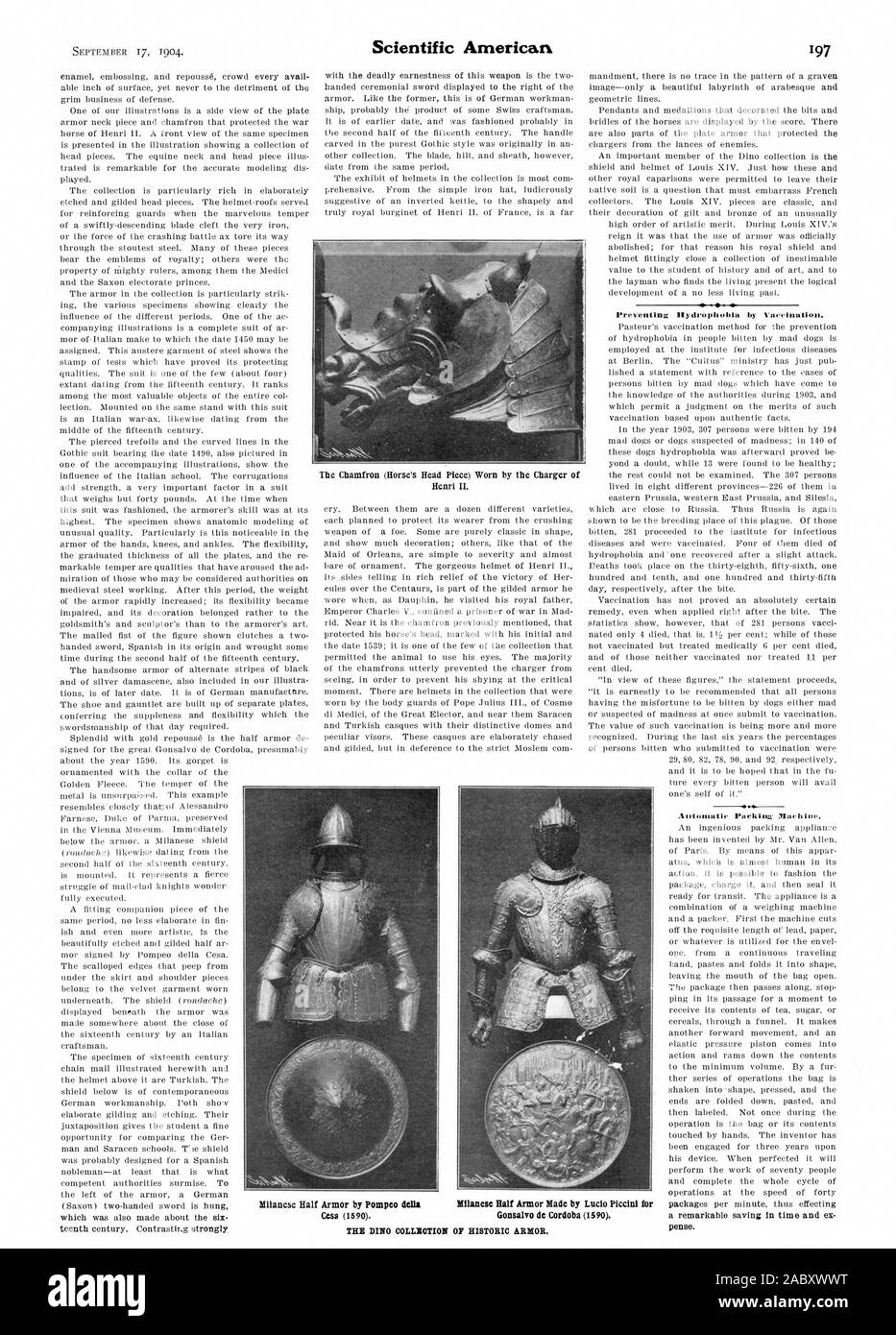 The Chamfron (Horse's Head Piece) Worn by the Charger of Henri IL Preventing Hydrophobia by Vaccination. Automatic Packing. Mach inc. pense. Cesa (1590). Gonsalvo de Cordoba (1590)., scientific american, 1904-09-17 Stock Photo