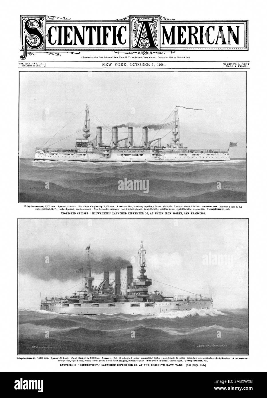 Entered at the Post Office of New York N. Y as Second Class Matter. Copyright. 1904. by Munn & Co. Vol. XVINo. 14.1 PROTECTED CRUISER 'MILWAUKEE' LAUNCHED SEPTEMBER 10 AT UNION IRON WORKS SAN FRANCISCO. CIENTIFIC MERICA, scientific american, 1904-10-01 Stock Photo