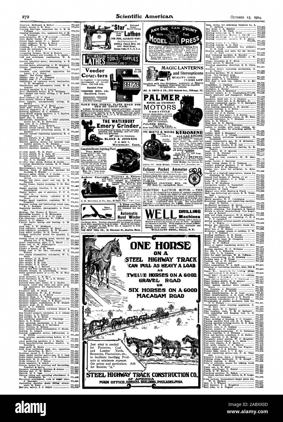 TAKE THE NICKEL PLATE ROAD FOR THE ST. LOUIS FAIR. THE WATERBURY Emery Grinder BLAKE & JOHNSON Mtg. Co. water street A True and Tri Automatic Hand Winder THE BEST TOOL CO. 76 Sherman St Boston Mass. Gi' PALMER MARINE and STATIONARY MOTORS 2 and 4 CYCLE PALMER BROS. Cos Cob. Conn. A. MIETZ ADOPT ED B U. S. GOVERNMENT. Eclipse Pocket Ammeter PAce $6.00. ELDREDGE ELECTRIC MFG. CO. 22? Main St. Springfield Mass. DRILLING Machines Lathes Feed Counters Booklet Free FEEDER MFG. CO. Hartford Coun. MAGIC LANTERNS and Stereopticons QUALITY HIGH PRICES LOW EL ON A LSTEEL HIGHWAY TRACK AS TWELVE HORSES ON Stock Photo