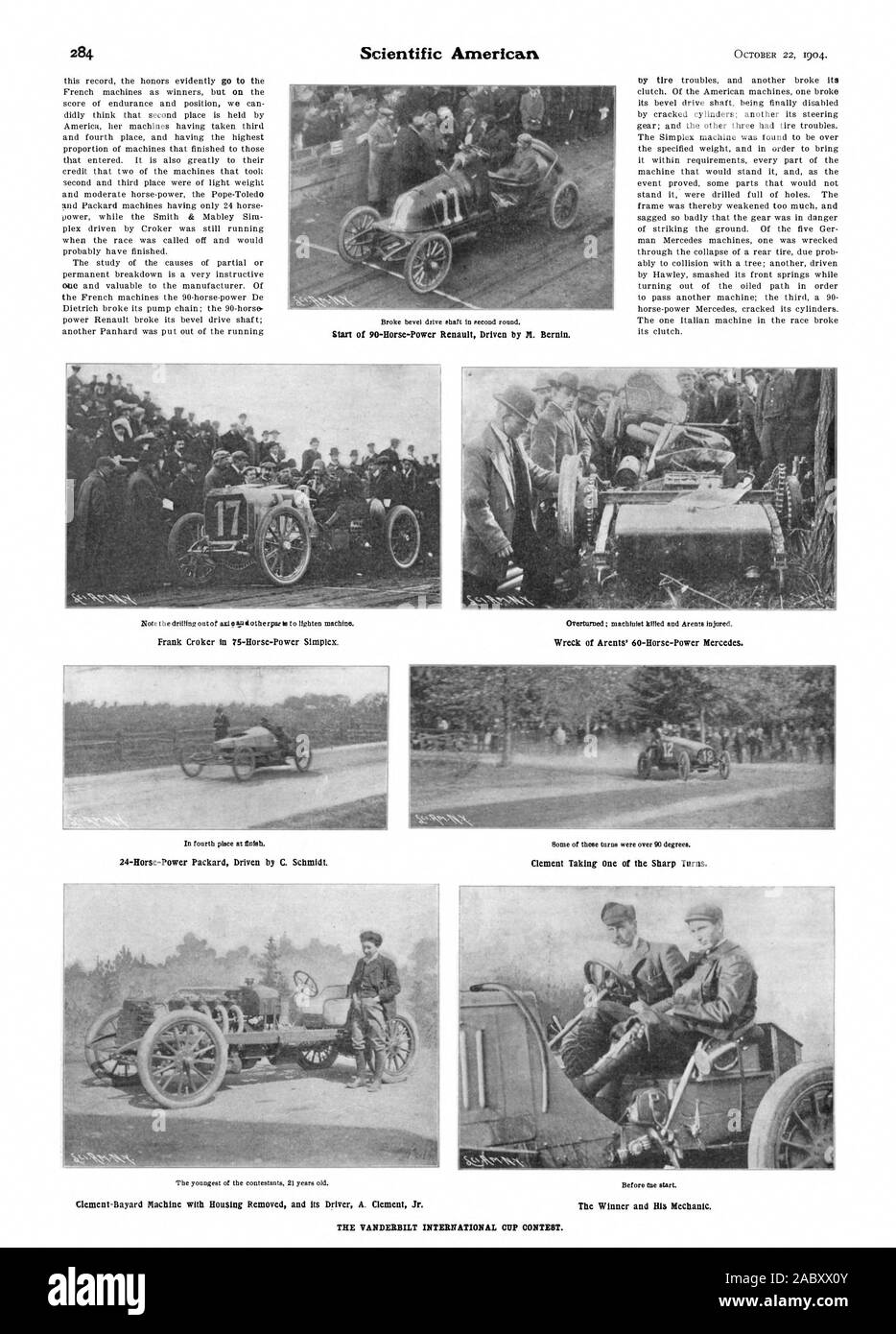 Start of 90-Horse-Power Renault Driven by M. Bernin. Frank Croker in 75-Horse-Power Simplex. Wreck of Arents' 60-Horse-Power Mercedes. 24-Horse-Power Packard Driven by C. Schmidt. Clement Taking One of the Sharp Turns. THE VANDERBILT INTERNATIONAL CUP CONTEST., scientific american, 1904-10-22 Stock Photo