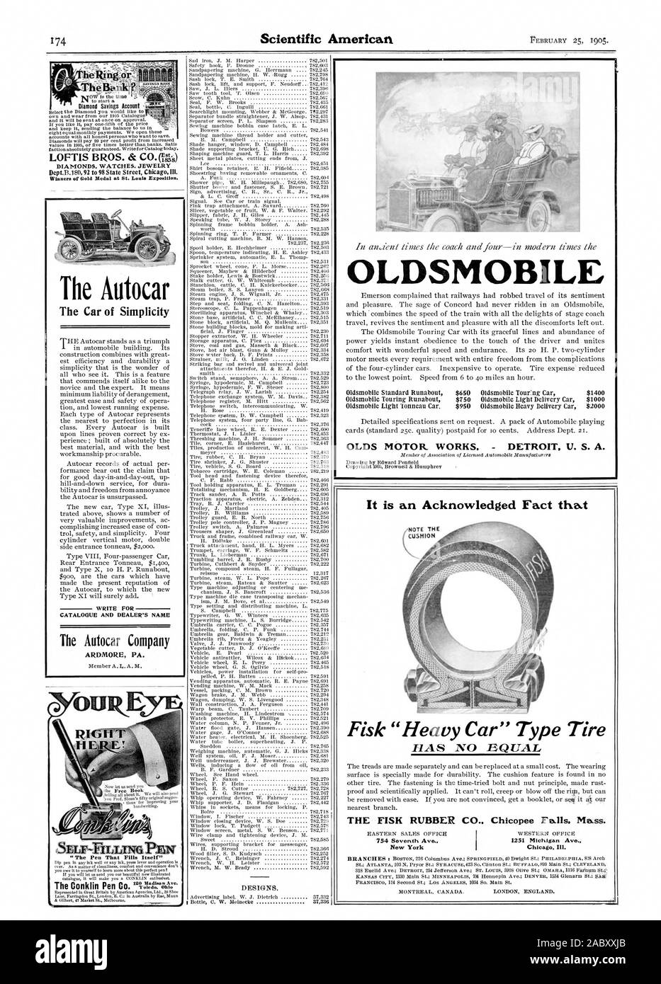 LOFTIS BROS. & CO.() DIAMONDS WATCHES. JEWELRY Dept.B.1 8092 to 98 State Street Chicag HI. Winners of Gold Medal at St. Louis Exposition. The Autocar The Car of Simplicity CATALOGUE AND DEALER'S NAME The Autocar Company OLDSMOBILE OLDS MOTOR WORKS. - DETROIT U. S. A. It is an Acknowledged Fact that Fisk 'Heavy Car' Type Tire HAS NO EQUAL New York Chicag Ill. OUR RIGHT HE, scientific american, 1905-02-25 Stock Photo