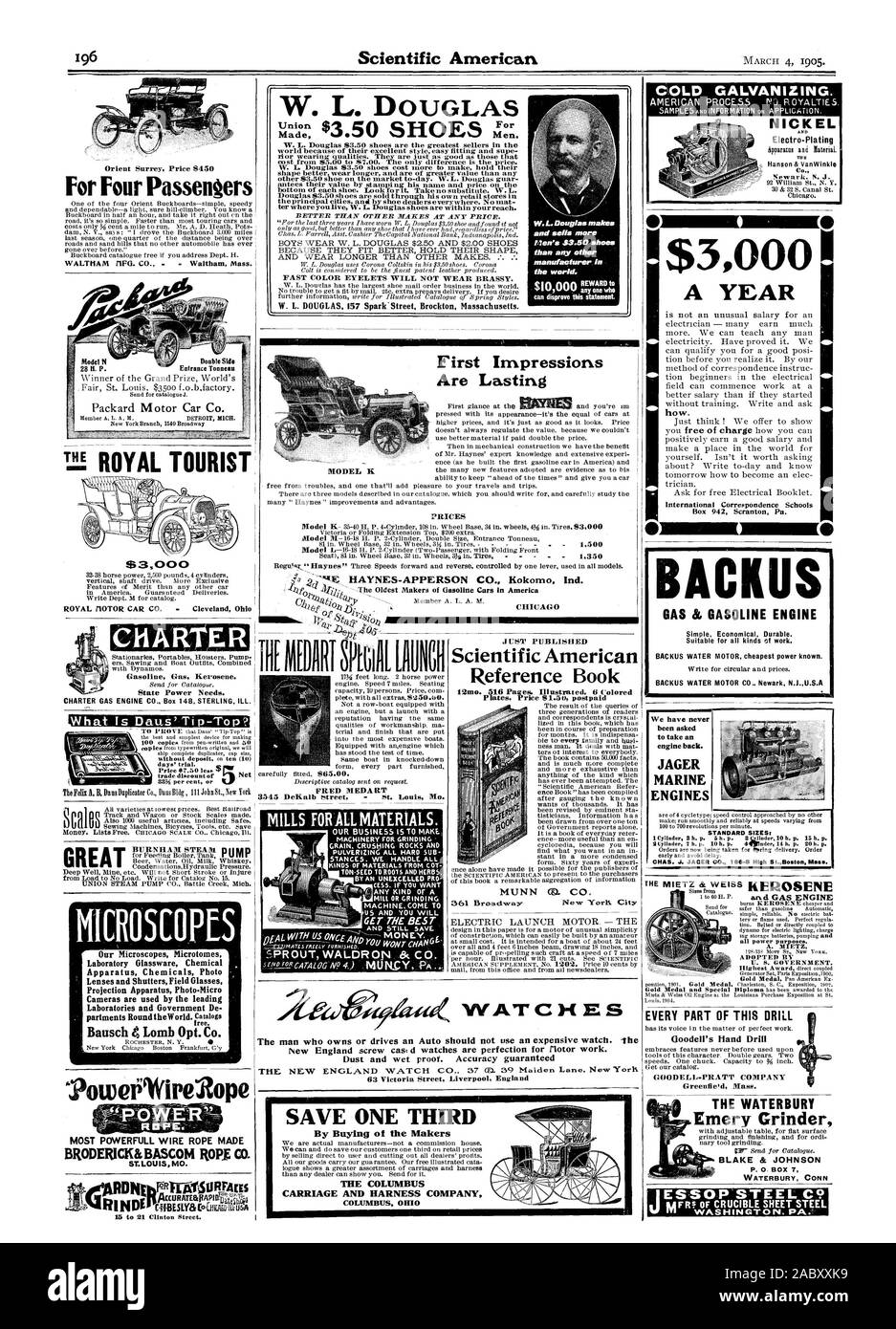 MARINE ENGINES STANDARD SIZES: CHAS. J. JAGER CO. 30-8 High SI.Boston Mass. all power purposes. U. S. GOVERNMENT. THE WATERBURY Emery Grinder BLAKE & JOHNSON WATERBURY CONN IESSOP'STEEL C9 WASHINGTON PA. Made Men. . how., scientific american, 1905-03-04 Stock Photo