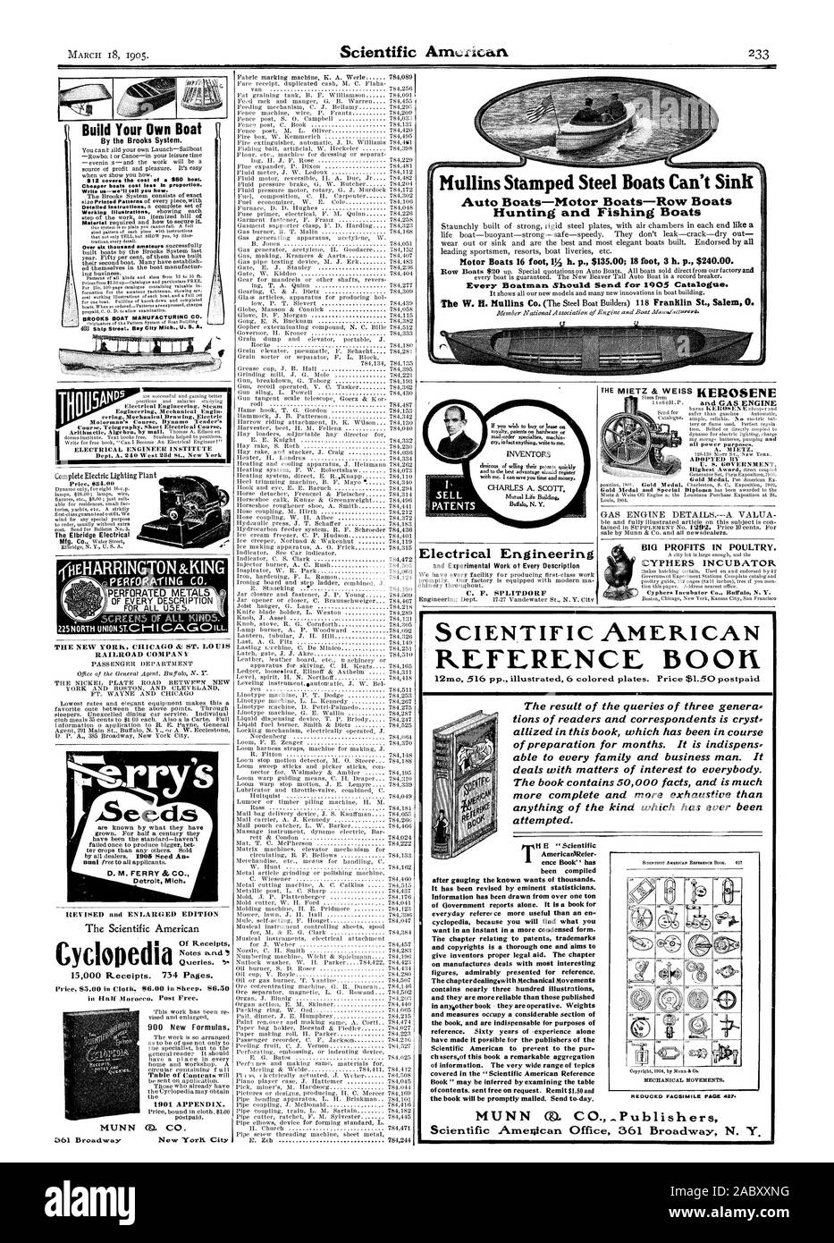Build Your Own Boat By the Brooks System. Write us-we'll tell you how. Engineering. Mechanical Engin eering Mechanical Drawing Electric Course. Telegraphy. Short Electrical Course Dept. A 240 West 28d St. New York The Elbridge Electrical (HEHARRINGTON &KING OF EVERY DESCRIPTION V 5. 1 225NORTH UNION5T.CH I CAGOILL. THE NEW YORK CHICAGO & ST. LOUIS RAILROAD COMPANY :hrr SeZZ7s D. M. FERRY & CO. Detroit Mich. REVISED and ENLARGED EDITION 1 Of Receipts Price 85.00 in Cloth: 86.00 in Sheep. 86.50 900 New Formulas. 1901 APPENDIX. 361 Broadway  Mullins Stamped Steel Boats Can't SIMI Auto Boats-Motor Stock Photo