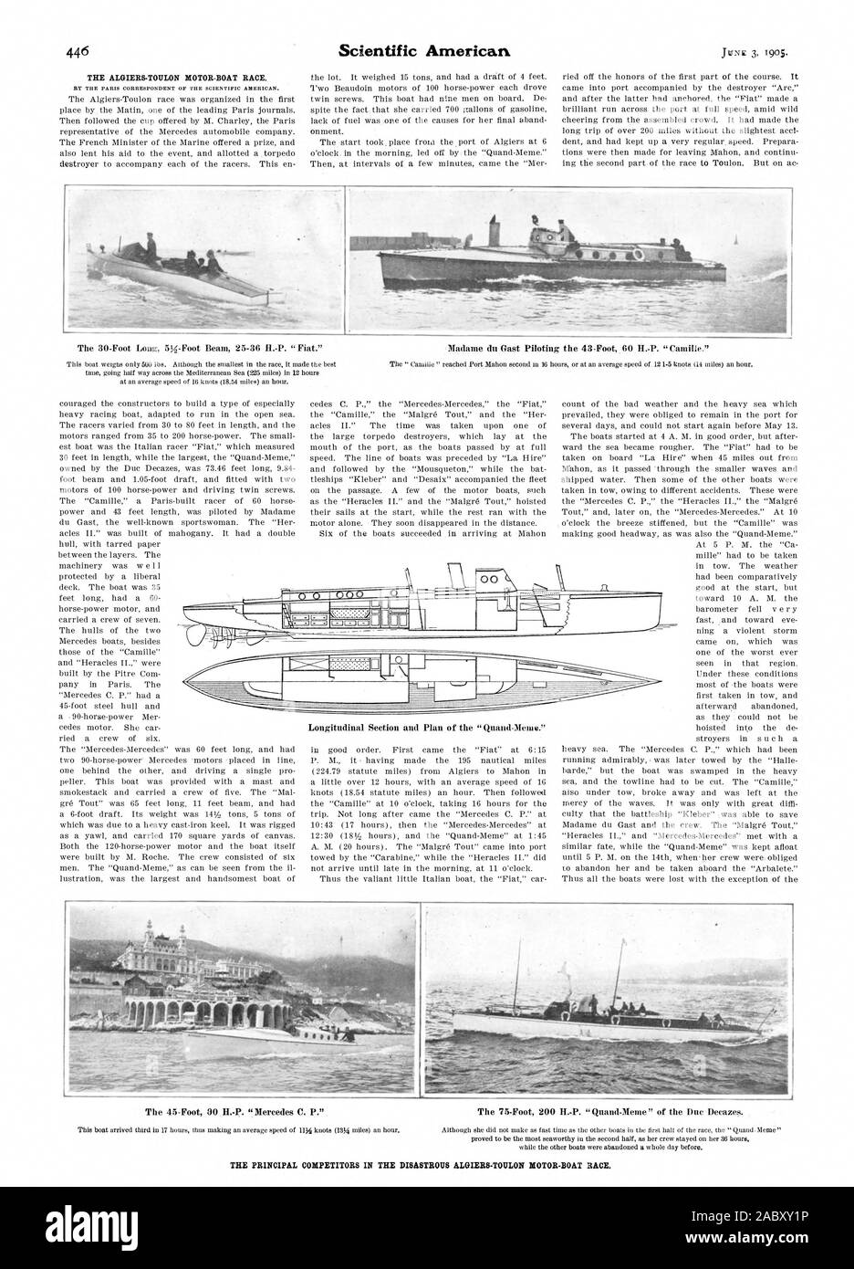 The 30-Foot Long 5'-Foot Beam 25-36.-P. 'Fiat.' Madame du Gast Piloting the 43-Foot 60 'Camille.' The 45-Foot 90 II.-P. 'Mercedes C. P.' The 75-Foot 200 II.-P. 'Quand-Meme' of' the Due  Decazes. THE PRINCIPAL COMPETITORS IN THE DISASTROUS ALOIERS-TOULON MOTOR-BOAT RACE., scientific american, 1905-06-03 Stock Photo