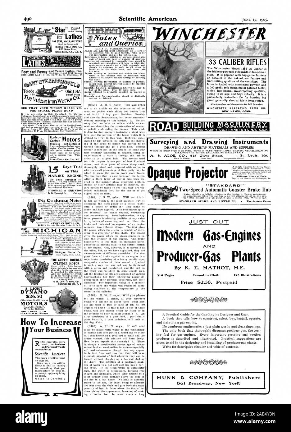 .Notes modern 6assfngines Producerzgas Plants By R. E. MATHOT M.E. Price $2.50 Postpaid 361 Broadway New Yorli WINC015? The Winchester Model 184 .33 Caliber is the highest-powered rifle made in take-down style It is popular with big-game hunters on account of the take-down featUre and hard-hitting qualities of the cartridge. The latter is loaded with smokeless powder and a 200-grain soft point metal patched bullet which has special mushrooming qualities owing to its size and high velocity. It is a particularly desirable rifle for hunting big' game generally shot at fairly long range Stock Photo