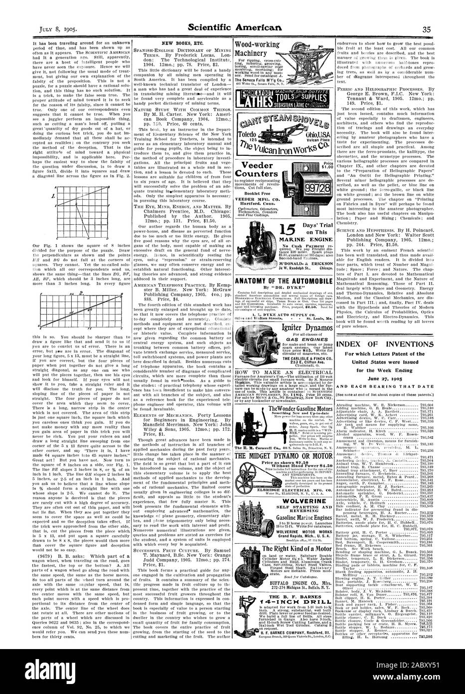 125 Vulcan Place The v By 'DR. DYKE' Price as shown S7.50 Without Hand Power 84.50 WOLVERINE SELF STARTING AND REVERSING WOLVERINE MOTOR WORKS Grand Rapids Mich. U. S. A. The Right Kind of a Motor THE B. F. BARNES INDEX OF INVENTIONS United States were Issued for the Week Ending June 27 1905 AND EACH BEARING THAT DATE Counters Booklet Free VEEDER MFG. CO. Hartford Conn. 15 Days' Trial on This MARINE ENGINE GAS ENGINES THE CARLISLE & FINCH CO. 233 E. Clifton Ave., scientific american, 1905-07-08 Stock Photo