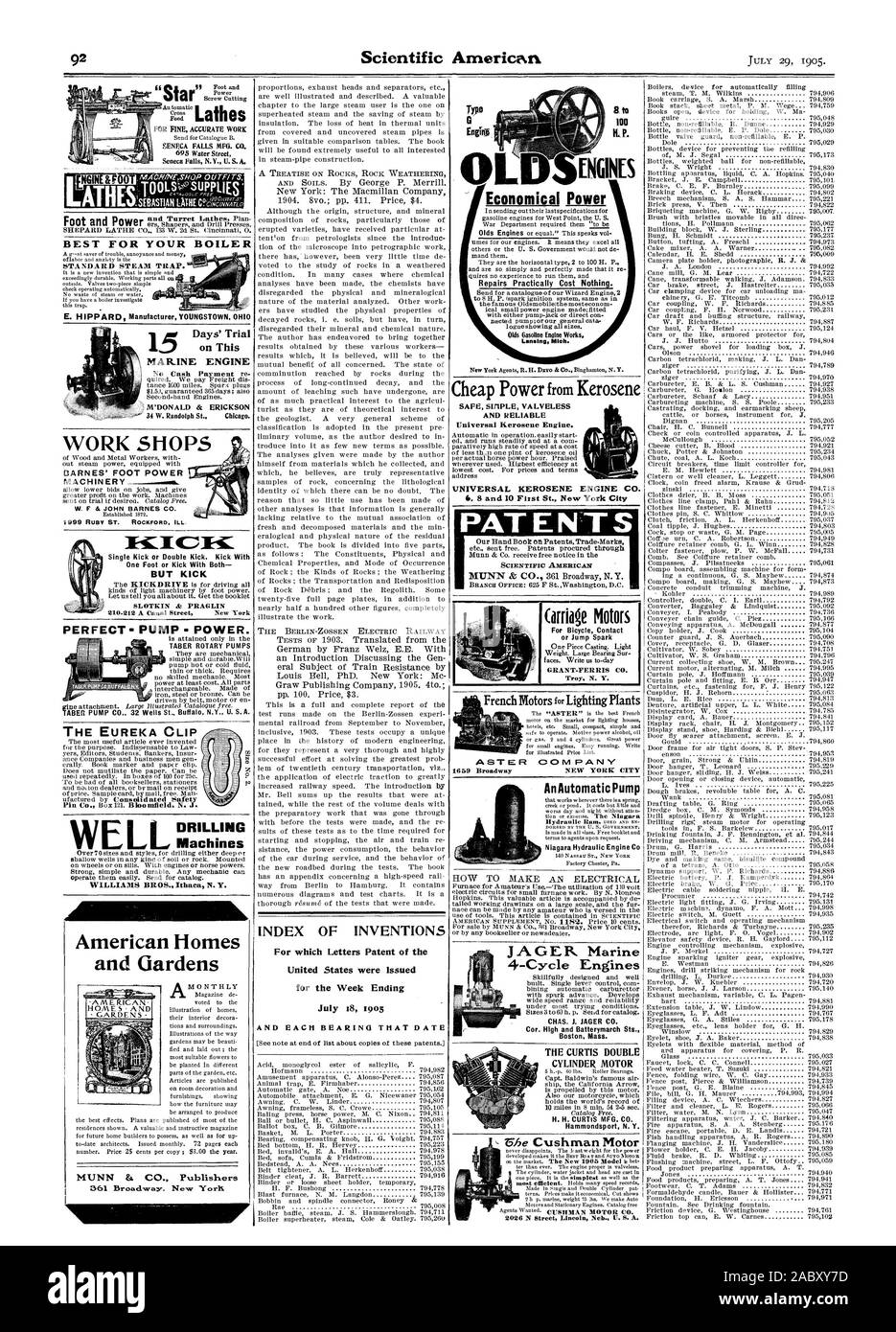 CYLINDER MOTOR AnAutomatic Pump PATENTS SCIENTIFIC AMERICAN WORK SHOPS BARNES' FOOT POWER MACHINERY W. F & JOHN BARNES CO. 1999 RUBY ST. ROCKFORD ILL. SAFE SU1PLE VALVELESS AND RELIABLE Universal Kerosene Engine. Repairs Practically Cost Nothing. Oils Gasoline Engine Works. Lansing Minh., 1905-07-29 Stock Photo