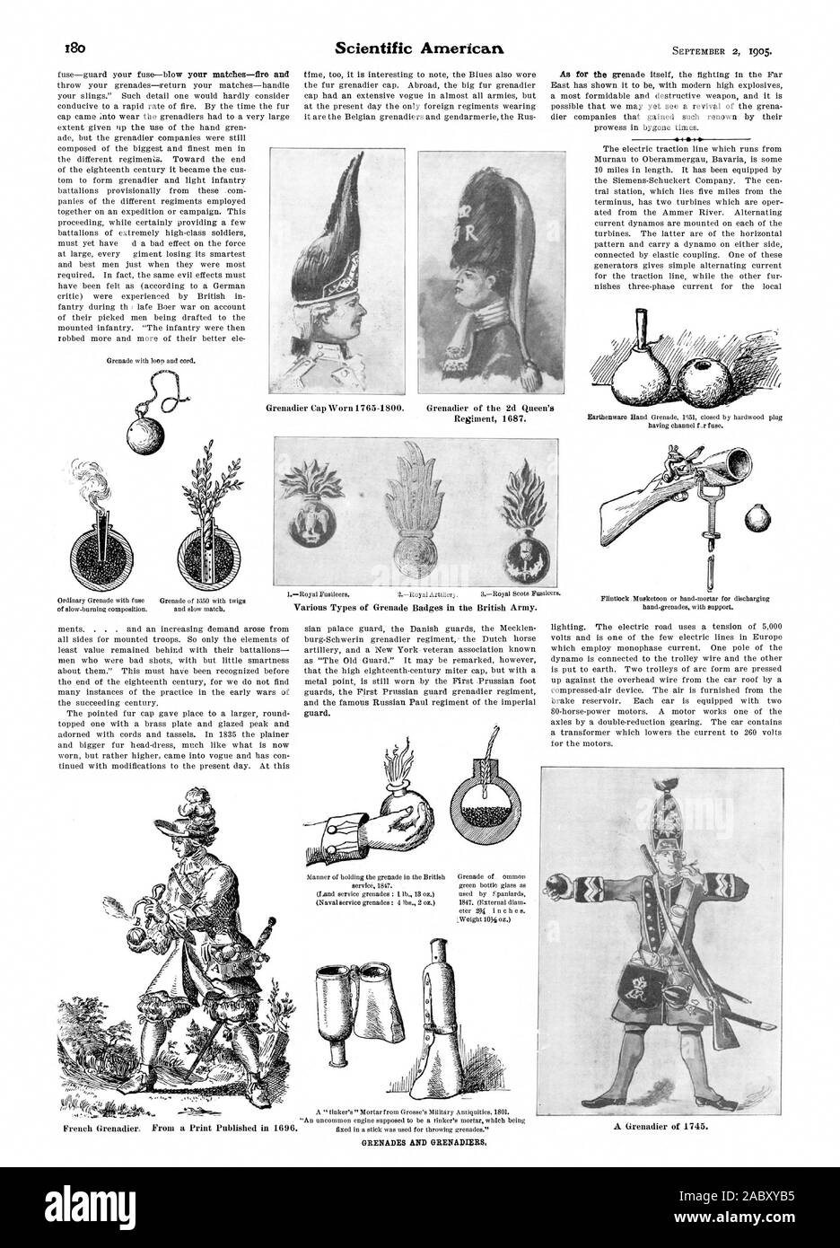 Grenadier of the 2d Queen's Regiment 1687. Various Types of Grenade
