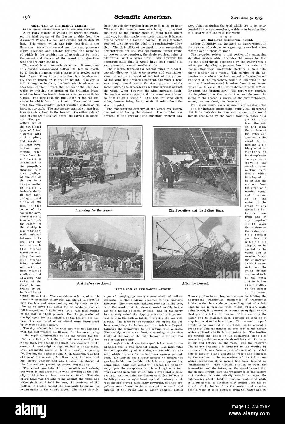 TRIAL TRIP OF THE BARTON AIRSHIP. BY THE ENGLISH CORRESPONDENT OP THE SCIENTIFIC AMERICAN. TRIAL TRIP OF THE BARTON AIRSHIP An Improved Submarine Signal., 05-09-09 Stock Photo