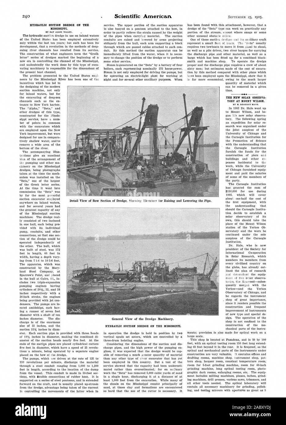 MISSISSIPPI. BY DAY ALLEN WILLEY. HYDRAULIC SUCTION DREDGE ON THE MISSISSIPPI. THE NEW SOLAR OBSERVA TORY AT MOUNT WILSON. BY N. BENEDICT BATE., scientific american, 1905-09-23 Stock Photo