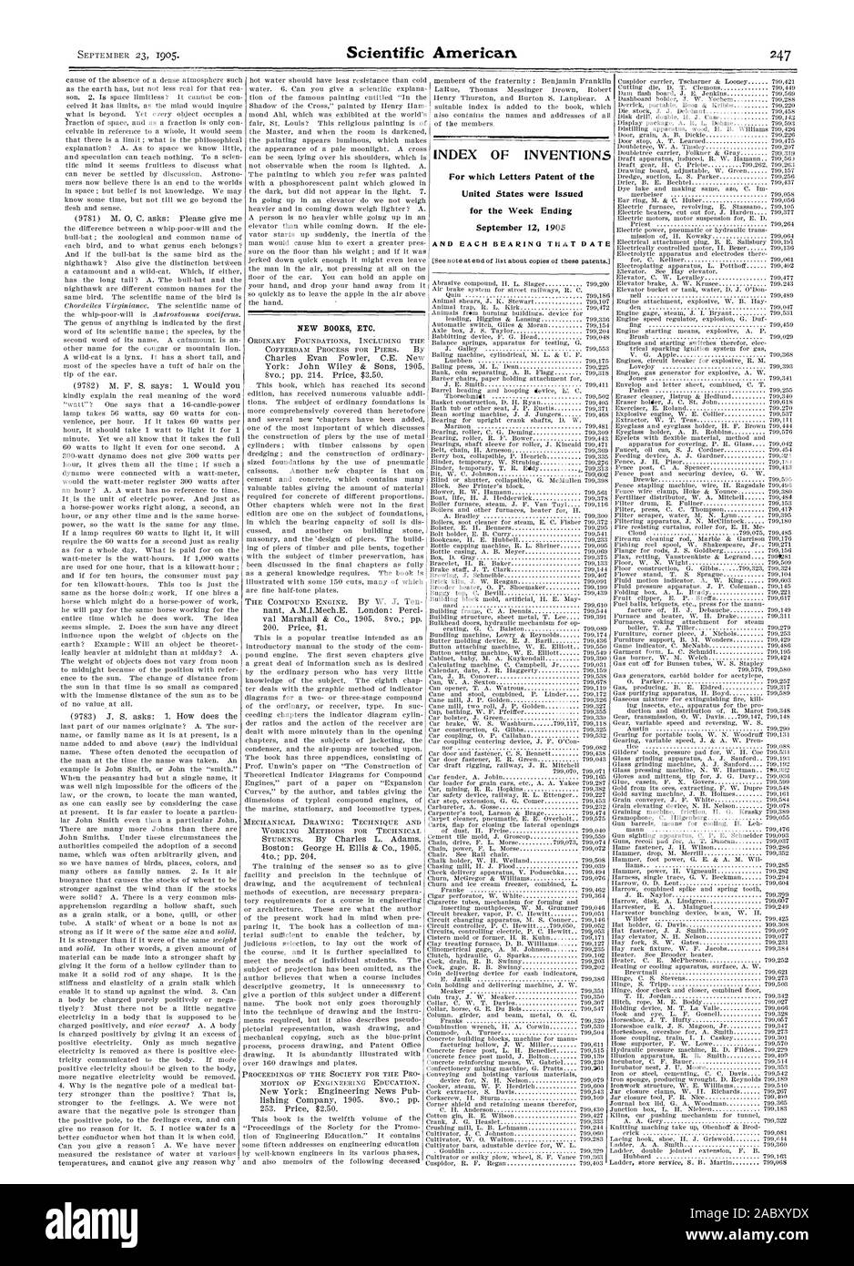 INDEX OF INVENTIONS For which Letters Patent of the United States were Issued for the Week Ending September 12 1905 AND EACH BEARING THAT DATE, scientific american, 1905-09-23 Stock Photo
