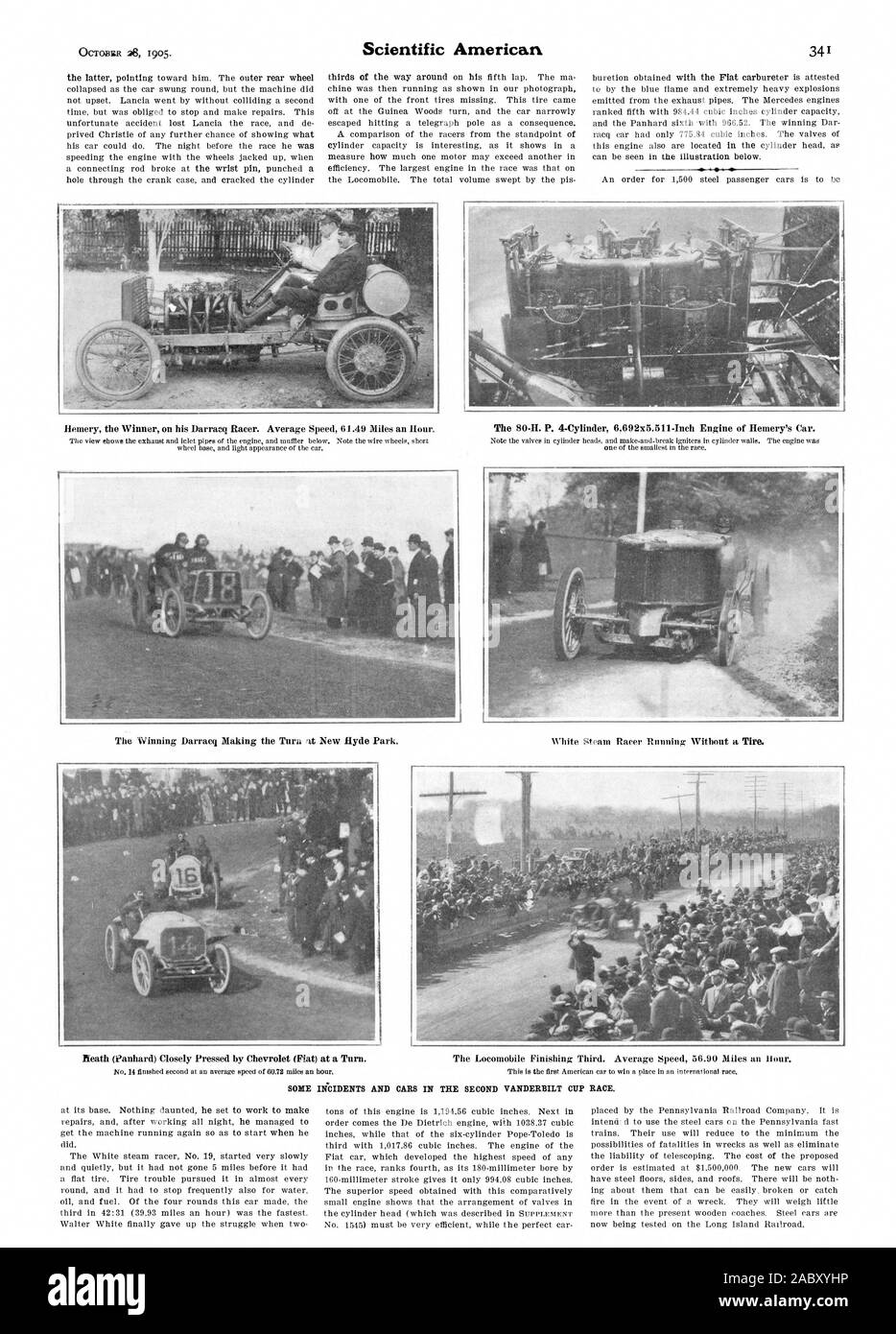 Hemery the Winner on his Darracq Racer. Average Speed 61.49 Miles an Hour. The Winning Darracq Making the Turn at New Hyde Park. Reath (Panhard) Closely Pressed by Chevrolet (Fiat) at a Turn. The .Locomobile Finishing Third. Average Speed 56.90 Miles an Hour., scientific american, 1905-10-28 Stock Photo