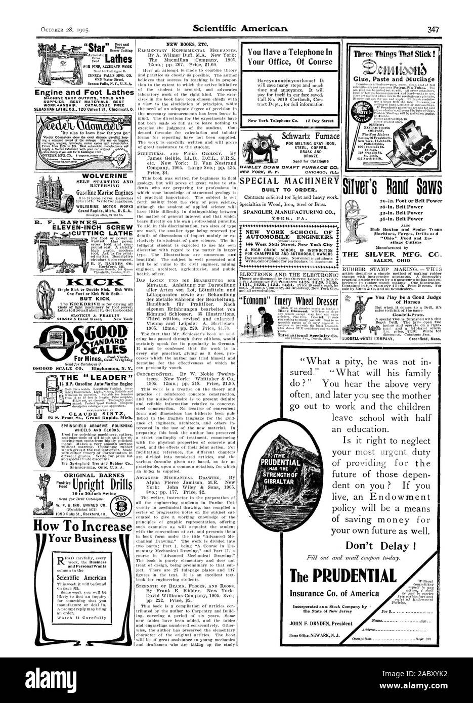 Engine and Foot Lathes SEBASTIAN LATHE CO. 120 Culvert St Cincinnati. 0. CUTTING LATHE BUT KICK 600D acALES OSGOOD SCALE CO. Binghamton N. Y. THE 'LEADER H.P. Gasoline Auto-Marine Engine CLAUDE SINTZ 92 S. Front St. Grand Rapids Mich. NEW BOOKS ETC. You Have a Telephone In Your Office Of Course 99 Foot and al 695 Water Street Seneca Falls N.Y. U. S. A. es WOLVERINE SELF STARTING AND REVERSING Gasoline Marine Engines WOLVERINE MOTOR WORKS Grand Rapids Mich U. S. A. ELEVEN-INCH SCREW SPRINGFIELD ABRASIVE POLISHING WHEELS AND BLOCKS. The Springfield Tire and Rubber Co ORIGINAL BARNES 1999 Ruby St Stock Photo