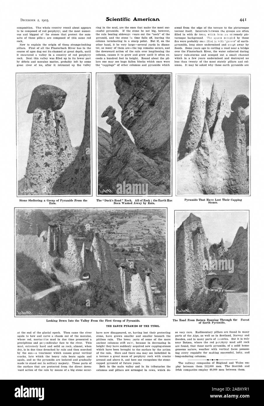 Stone Sheltering a Group of Pyramids From the Rain. The 'Duck's Head' Rock. All of Rock ; the Earth Has Been Washed Away by Rain. The Road From Botzen Running Through the Forest of Earth Pyramids., scientific american, 1905-12-02 Stock Photo