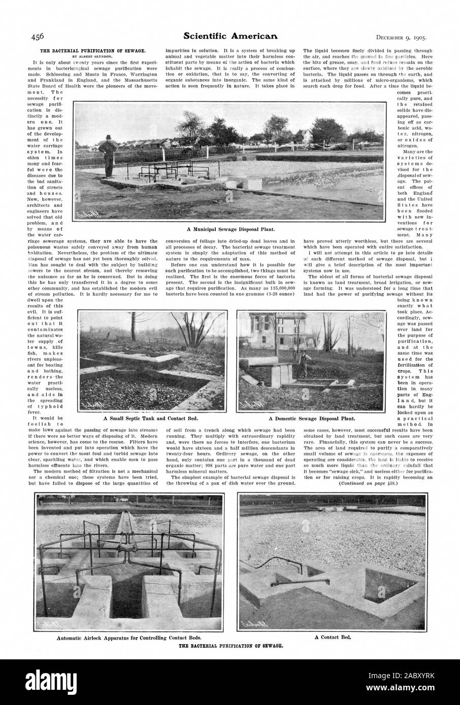 THE BACTERIAL PURIFICATION OF SEWAGE. BY ALBERT GLENDON. A Municipal Sewage Disposal Plant. A Small Septic Tank and Contact Bed. A Domestic Sewage Disposal Plant. THE BACTERIAL PURIFICATION OF SEWAGE, scientific american, 1905-12-09 Stock Photo