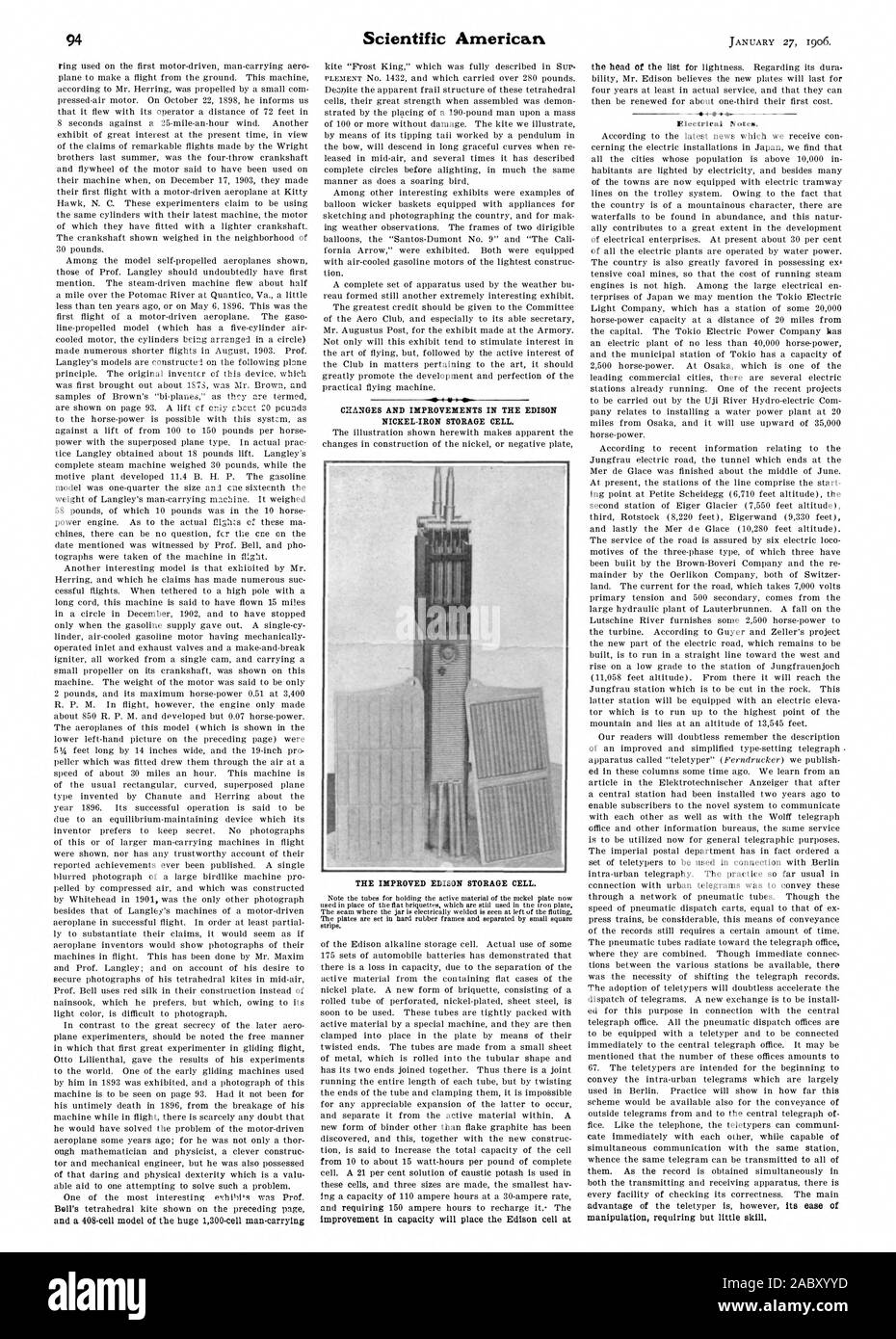 Bell's tetrahedral kite shown on the preceding page and a 408-cell Model of the huge 1300-cell man-carrying CHANGES AND IMPROVEMENTS IN THE EDISON NICKEL-IRON STORAGE CELL. THE IMPROVED EDISON STORAGE CELL. Electrical Notes., scientific american, 1906-01-27 Stock Photo