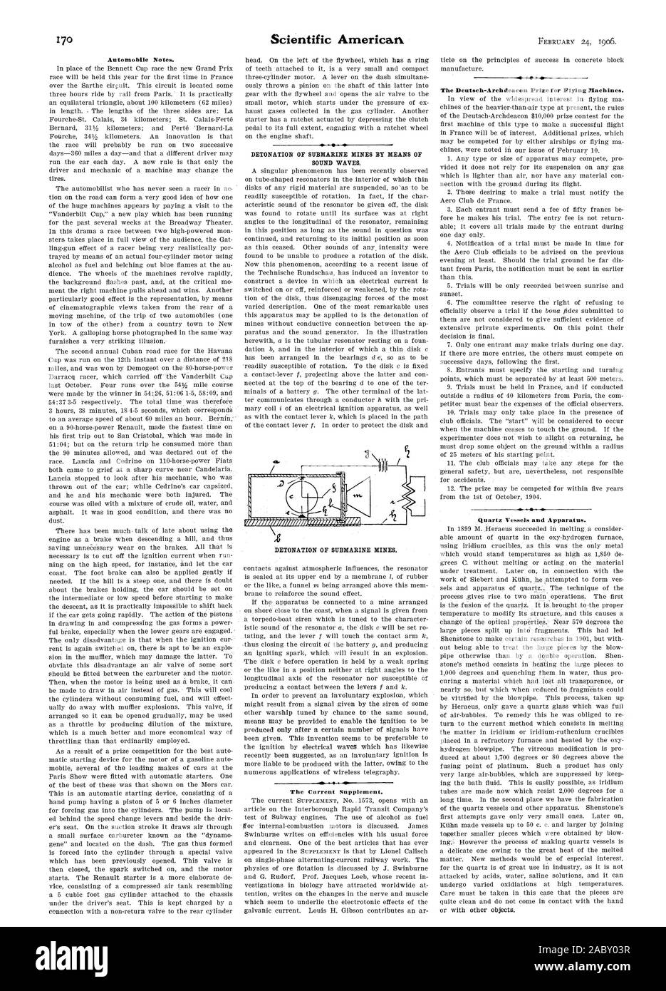 Automobile Notes. DETONATION OF SUBMARINE MINES. The Current Supplement. The Deutsch-Archdeacon Prize for Flying Machines. 1, scientific american, 1906-02-24 Stock Photo