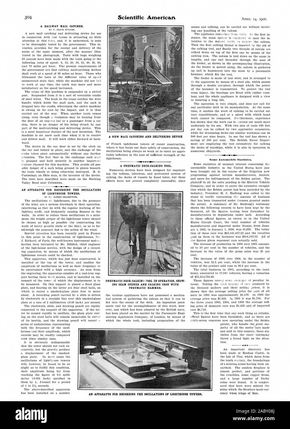 A RAILWAY MAIL CATCHER. AN APPARATUS FOR RECORDING THE OSCILLATIONS OF LIGHTHOUSE TOWERS. A NEW MAIL CATCHING AND DELIVERING DEVICE A PNEUMATIC DECK-CALKING TOOL. PNEUMATIC DECK-CALKING TOOL IN OPERATION SHOW ING SEAM OPENER AND CALKING IRON WITH PNEUMATIC HAMMER. Some Automobile Statistics. AN APPARATUS FOR RECORDING THE OSCILLATIONS OF LIGHTHOUSE TOWERS., scientific american, 1906-04-14 Stock Photo