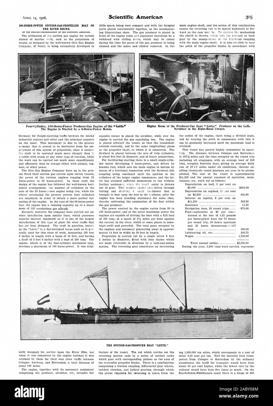 100-HORSE-POWER SUCTION-GAS-PROPELLED BOAT ON THE RIVER RHINE., scientific american, 1906-04-14 Stock Photo