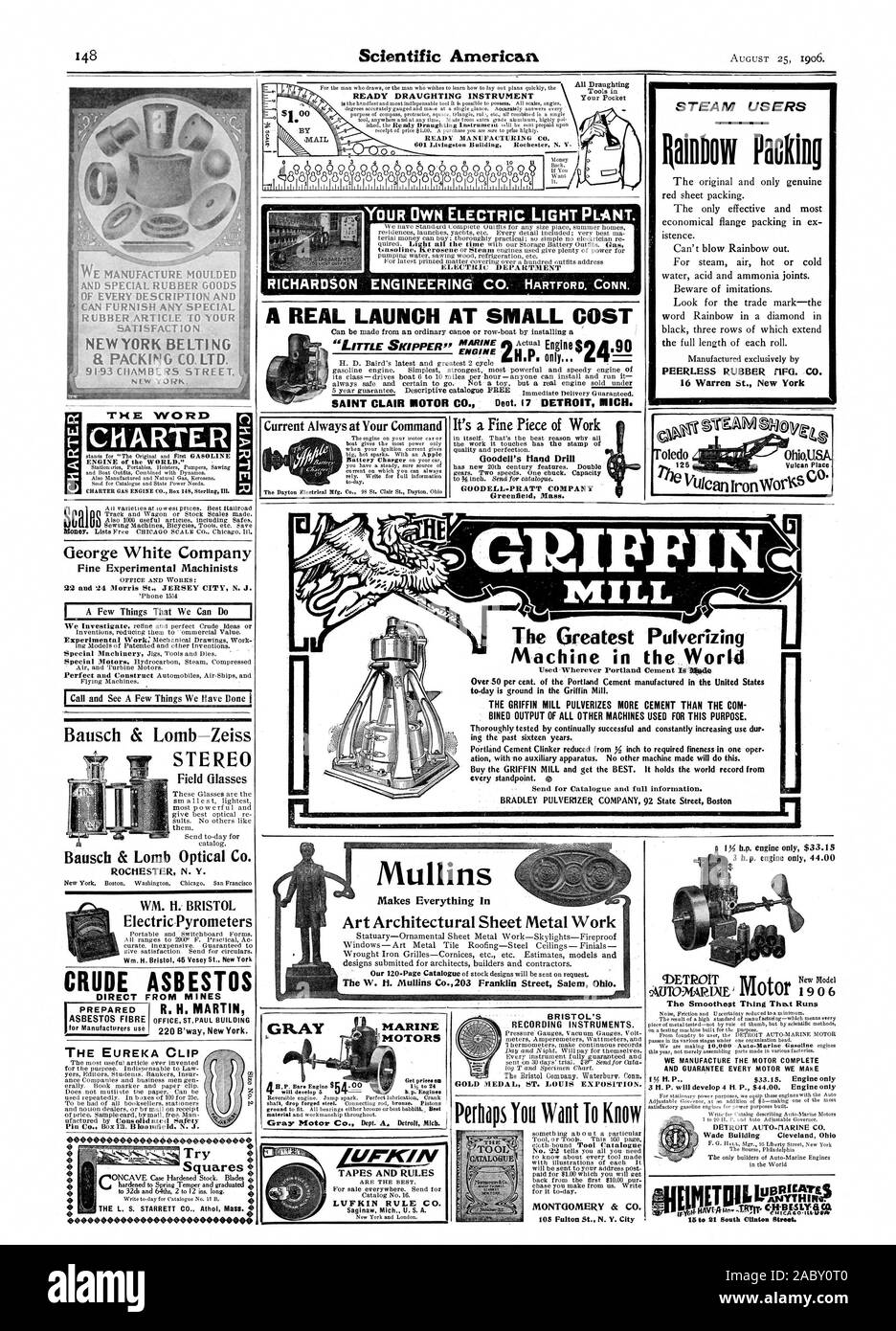 READY DRAVGHTING INSTRVMENT 601 Livingston Building Rochester N. V. All Draughting YOUR OWN ELECTRIC LIGHT PLANT. RICHAROtON ENGINEERING CO. HARTFORD CONN. A REAL LAUNCH AT SMALL COST H.P. George White Company Fine Experimental Machinists STERE Field Glasses Bausch & Lomb Optical Co. ROCHESTER N. Y. WM. Ft. BRISTOL Electric Pyrometers CRUDE ASBESTOS DIRECT FROM MINES ASBESTOS FIBRE for Manufacturers use  R. H. MARTIN OFFICE ST. PAUL BUILDING 220 B'way New York. Try Squares  hardened to Spring Temper and graduated 4 0 THE L. S. STARRETT CO. Athol Mass. 0 4040004:400.404 04 4100 GRAY It's a Fine Stock Photo