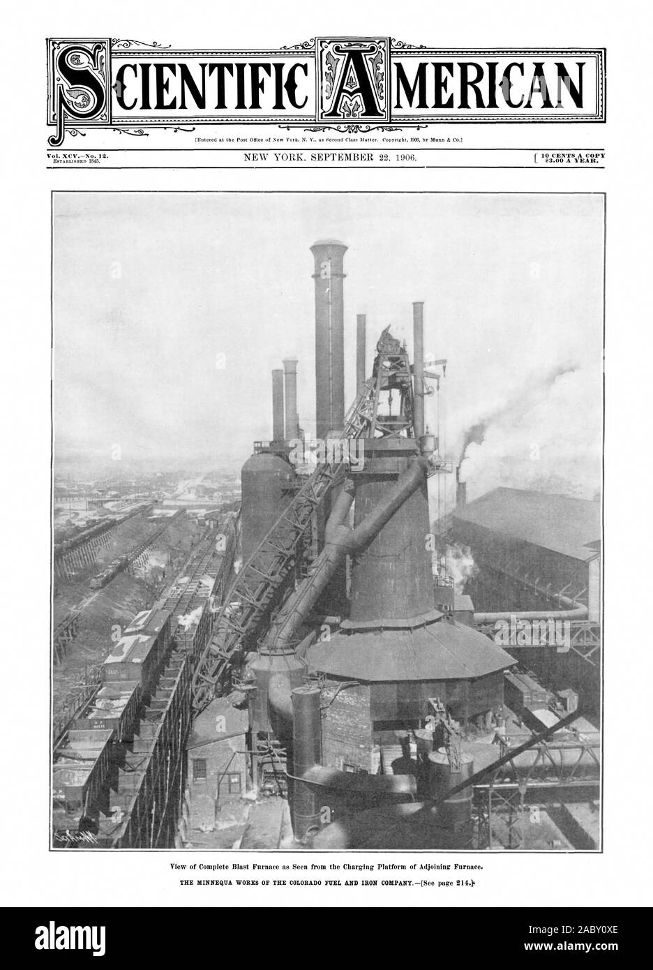 View of Complete Blast Furnace as Seen from the Charging Platform of Adjoining Furnace. CIENTIFIC MERICA, scientific american, 1906-09-22 Stock Photo