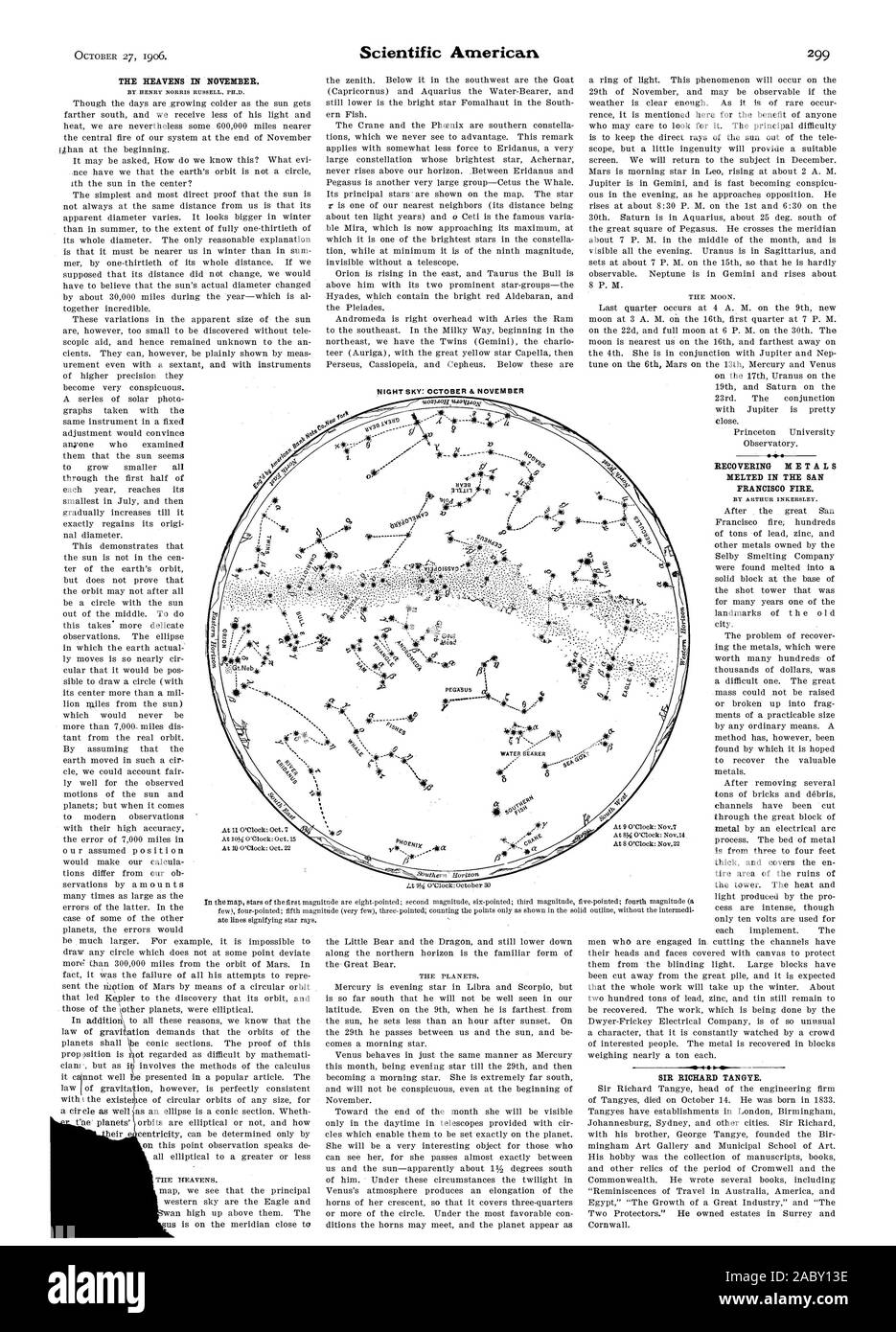 THE HEAVENS IN NOVEMBER. BY HENRY NORRIS RUSSELL PH.D. RECOVERING METALS MELTED IN THE SAN FRANCISCO FIRE. BY ARTHUR INKERSLEY. SIR RICHARD TANGYE. Cornwall. NIGHT SKY: OCTOBER & NOVEMBER 9, scientific american, 1906-10-27 Stock Photo