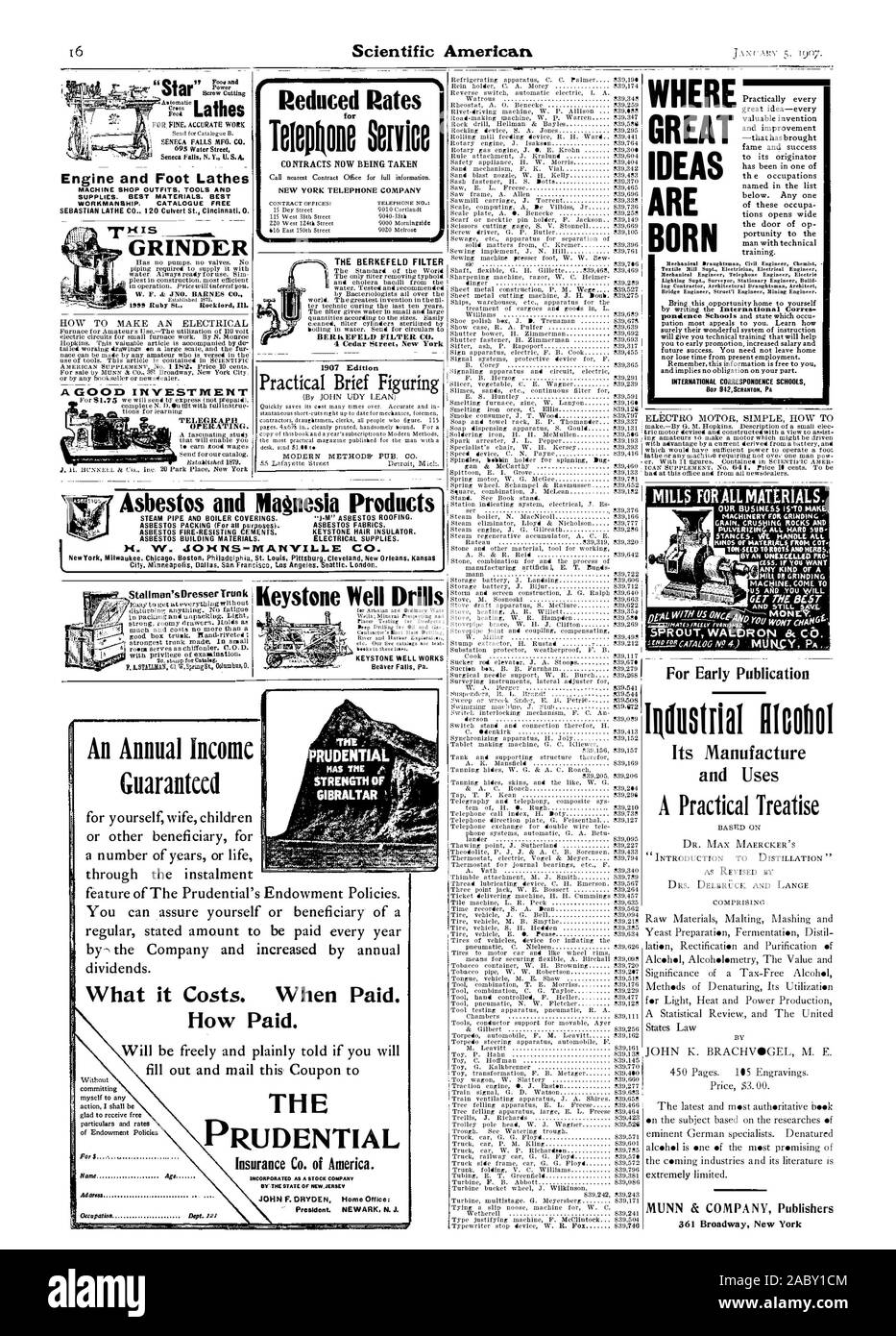 Engine and Foot Lathes SEBASTIAN LATHE CO 120 Culvert St. Cincinnati. O. GRINDER TELEGRAPH OPERATING. Reduced Rates for NEW YORK TELEPHONE COMPANY BERKEFELD FILTER CO. 4 Cedar Street New York 1907 Edition Practical Brief Figuring Asbestos and Magnesia Products ASBESTOS PACKING (For all purposes). ASBESTOS FIRE-RESISTING CEMENTS. ASBESTOS BUILDING MATERIALS. New York Milwaukee. Chicag Boston Philadelphia St. Louis Cil). Minneapolis Dallas. San Francisc Los STEAM PIPE AND BOILER COVERINGS. '.1-M' ASBESTOS ROOFING. ASBESTOS FABRICS. KEYSTONE HAIR INSULATOR. ELECTRICAL SUPPLIES. VILLE C Angeles Stock Photo