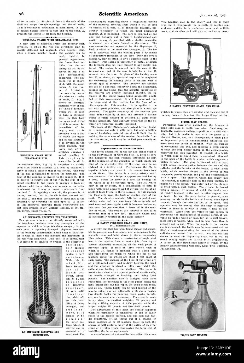 AN IMPROVED RECEIVER FOR TELEPHONES. Rejuvenation of Worn Out Files. A HANDY PORTABLE CRANE AND HOIST. BY A. FREDERICK COLLINS. A HANDY PORTABLE CRANE AND HOIST. LIQUID SOAP HOLDER LIQUID SOAP ROLDER. UMBRELLA FRAME WITH DETACHABLE RIBS. AN IMPROVED RECEIVER FOR TELEPHONES., scientific american, 1907-01-11 Stock Photo