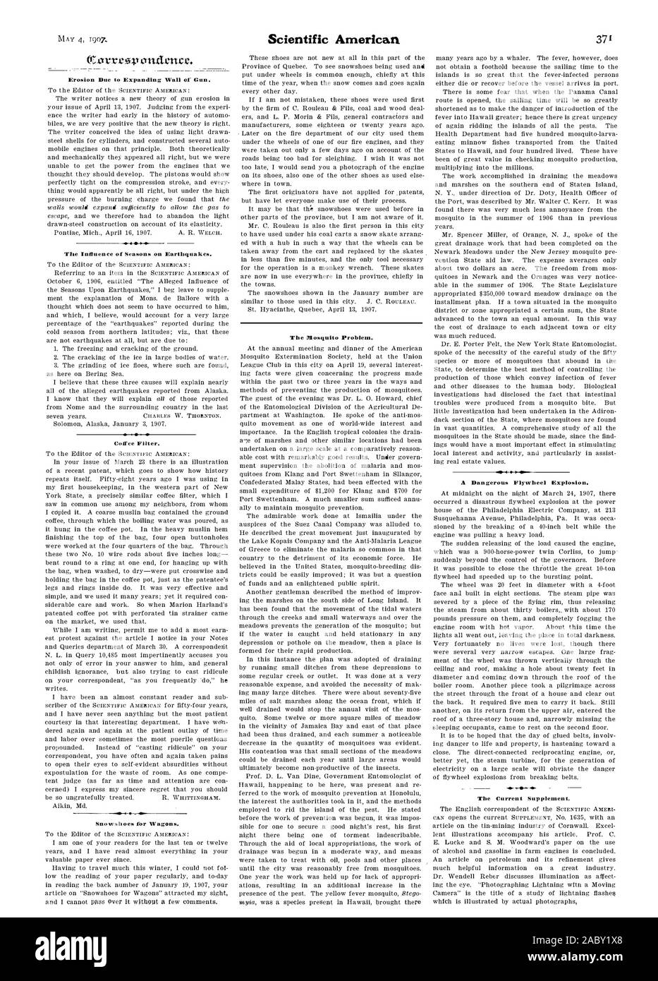 Erosion Due to Expanding Wall of Gun. Tile Influence of Seasons on Earthquakes. The Mosquito Problem. 40 4 41-0-4104 A Dangerous Flywheel Explosion. The Current Supplement., scientific american, 1907-05-04 Stock Photo